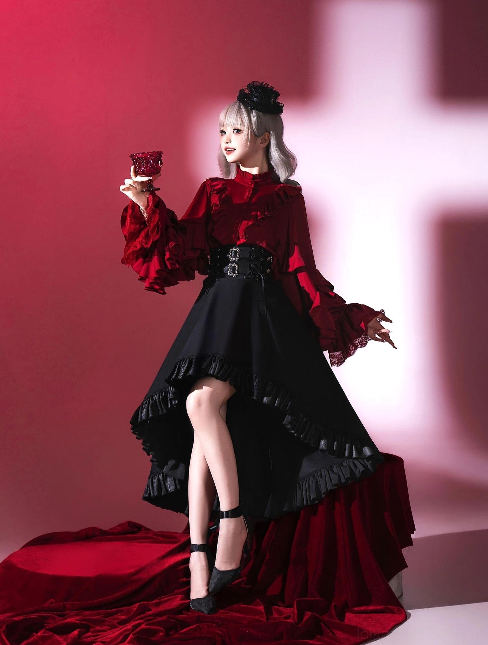 Ouji Lolita black formal outfit ensemble asymmetric ruffled skirt formal pants elegant styling coordinate view