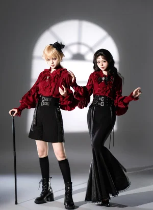Night and Day Sonata ouji lolita complete set with wine red ruffled satin blouse paired with black shorts and high-low fishtail skirt full front view vintage photo studio