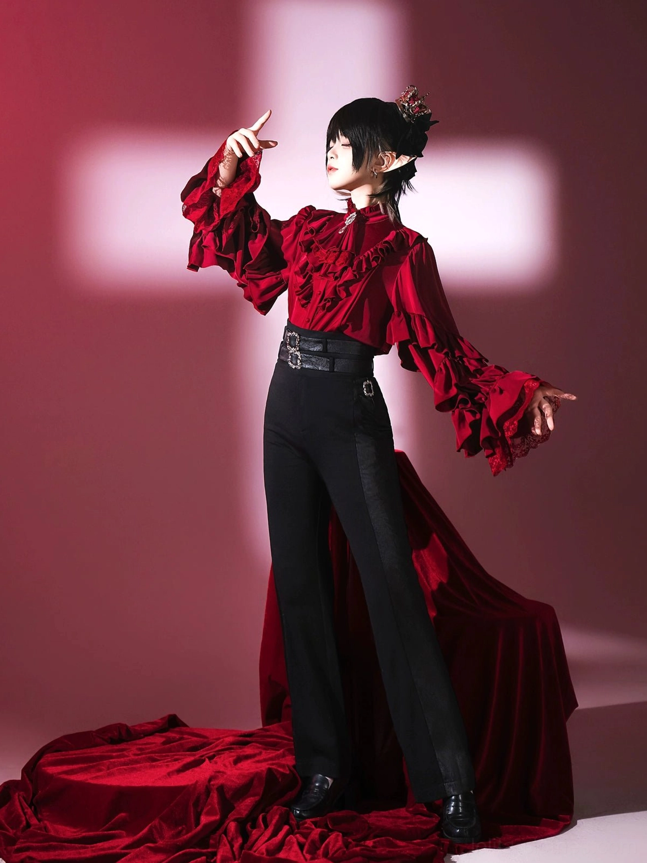 Ouji Lolita ensemble complete styling wine red black white color scheme shirt pants skirt coordinate photography