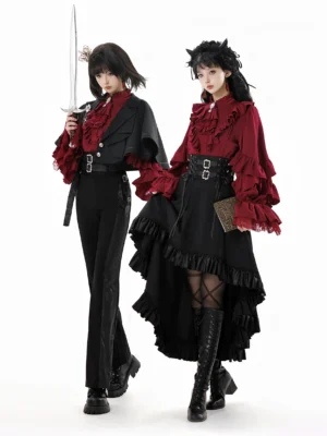 Night and Day Sonata Ouji Lolita couple outfit set with wine red ruffled shirt and black asymmetric skirt full-body standing view gothic lolita fashion