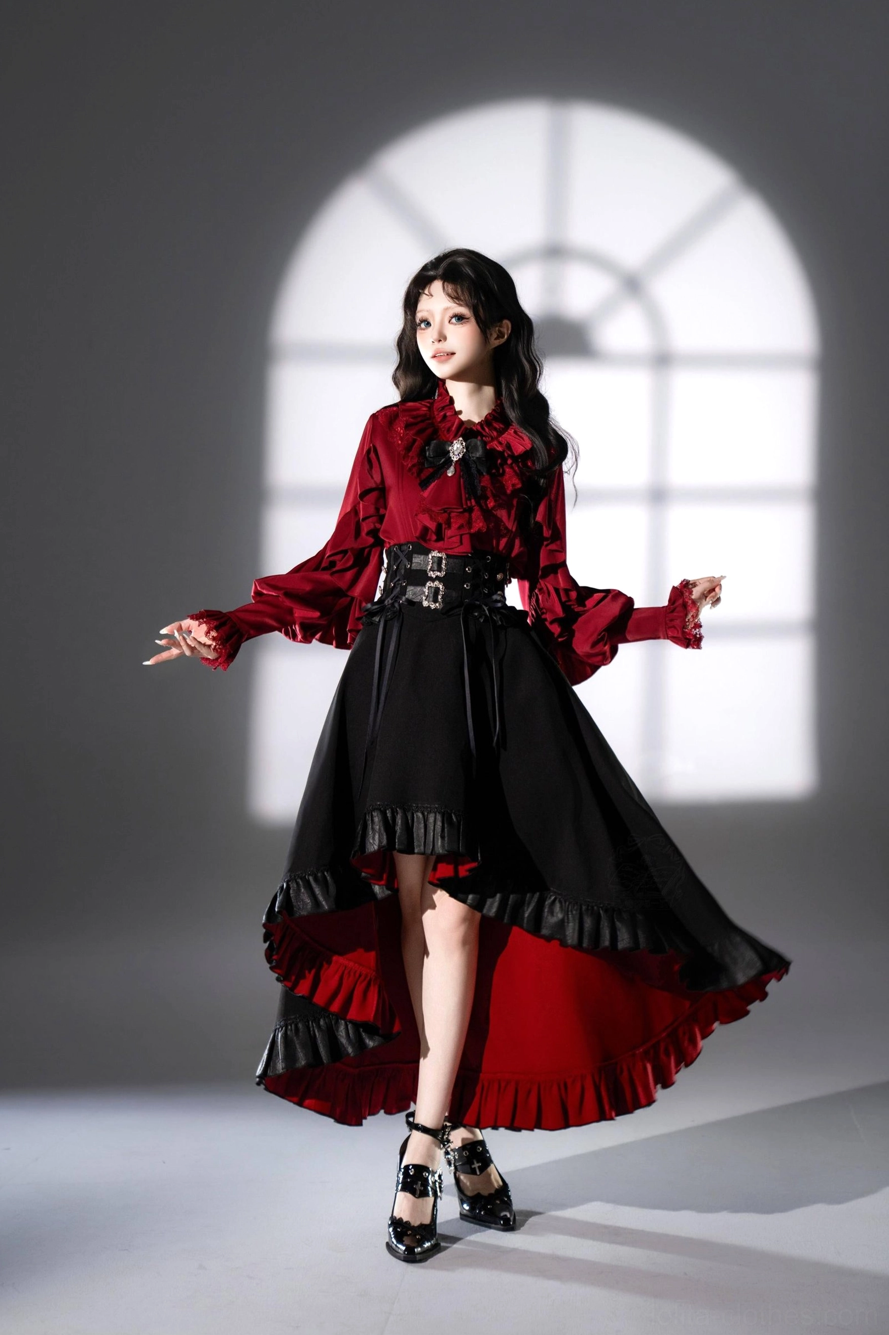 Ouji lolita mermaid skirt fabric detail showing stretch roma knit embossed acetate lustrous finish fishtail hem seaming construction
