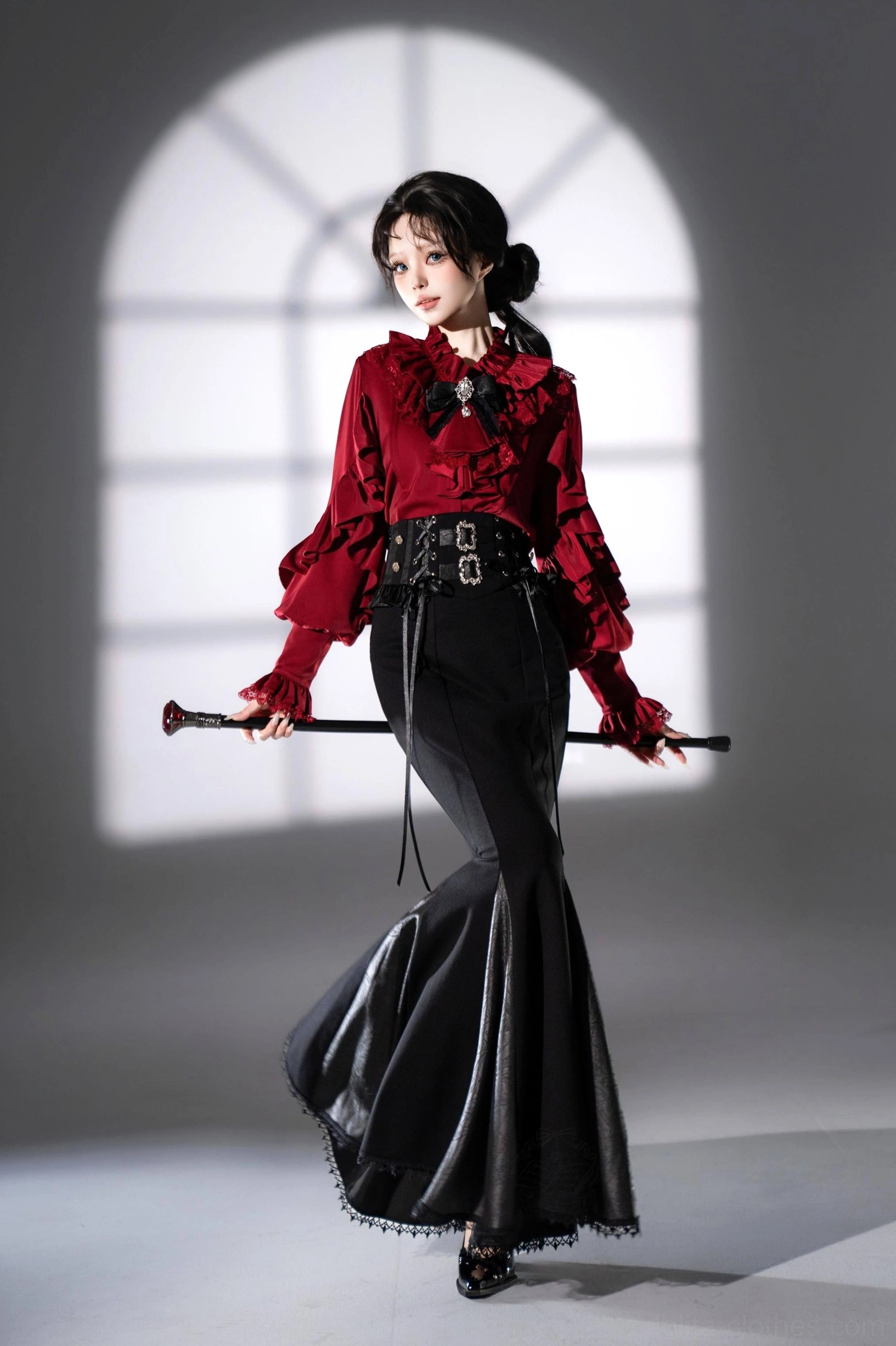 Night and Day Sonata ouji lolita satin blouse swatch showing texture sheen burgundy wine red color ruffled detail close-up