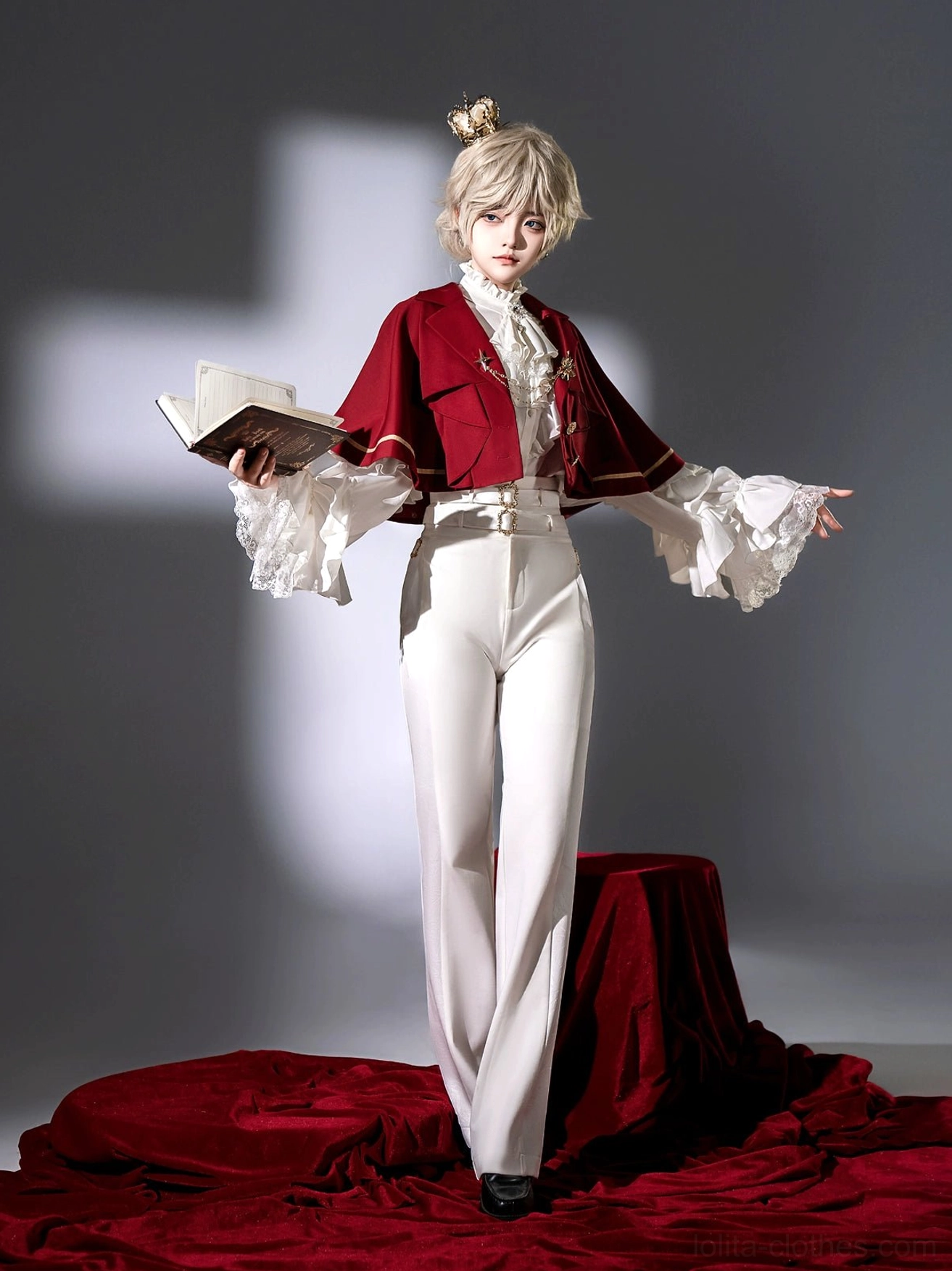 Ouji Lolita prince-style outfit wine red formal shirt black pants architectural silhouette royal aesthetic styling