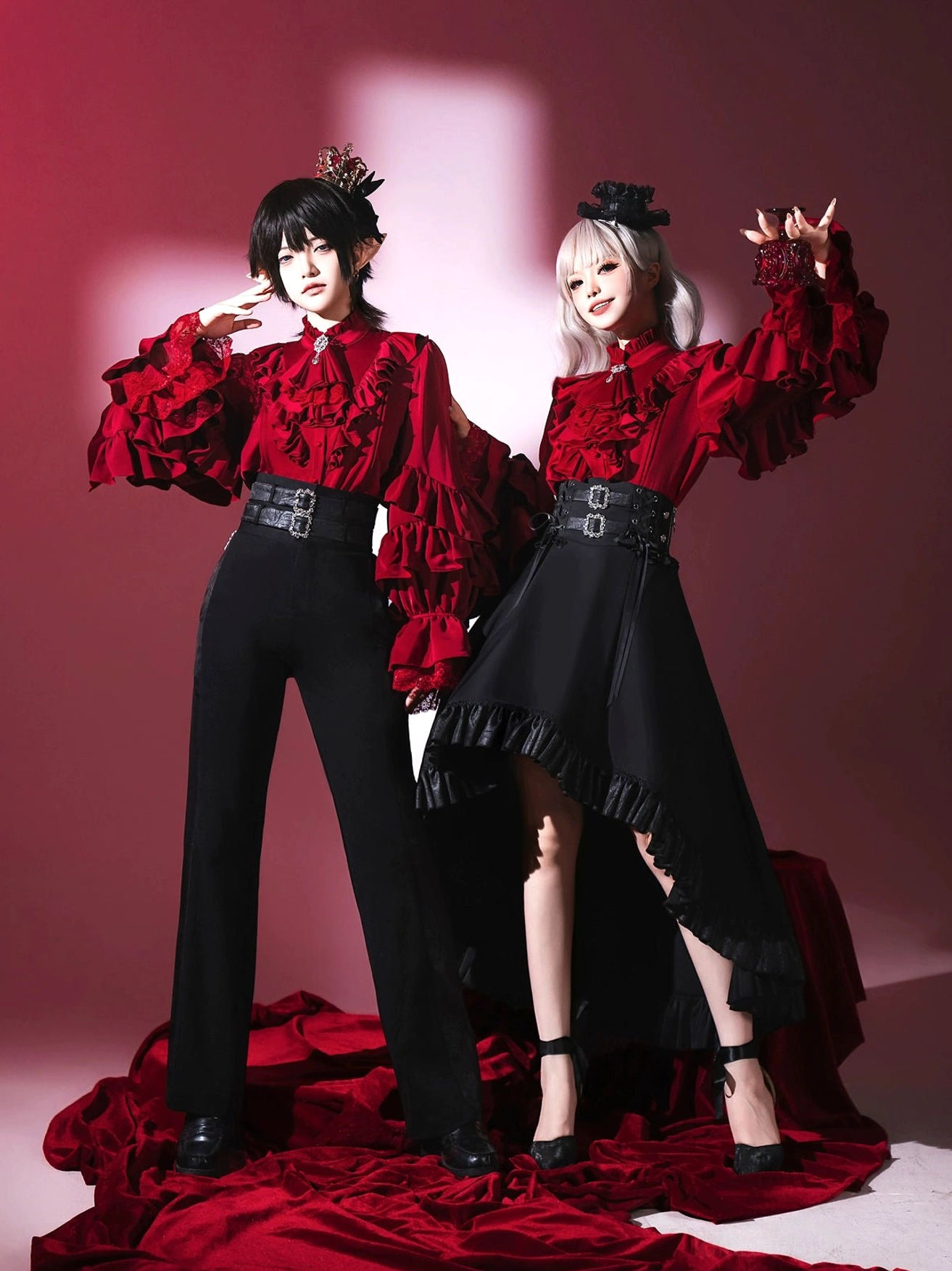 Red Ouji Lolita couple outfit set ruffled wine red blouse black belted pants asymmetric ruffled skirt red gradient backdrop
