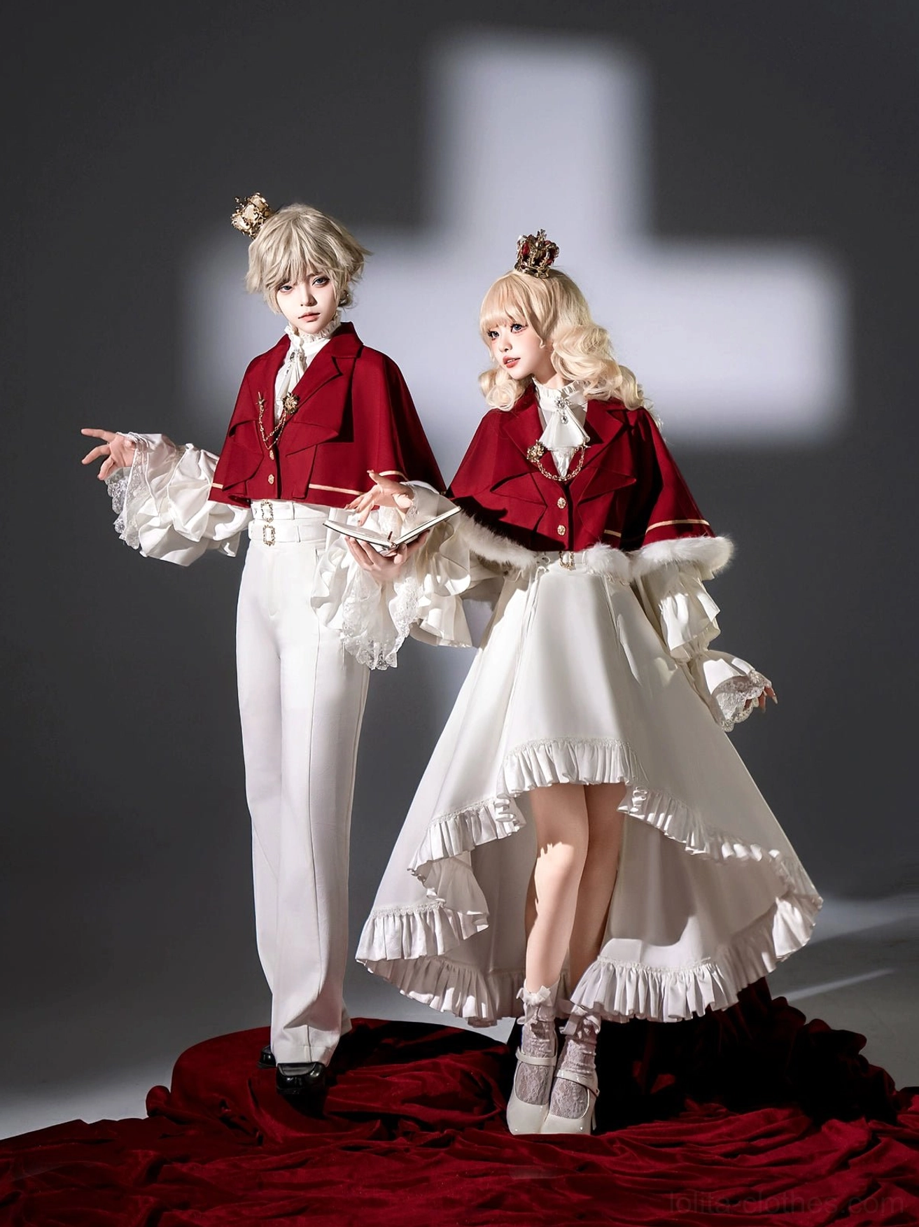 Royal Ouji Lolita couple ensemble wine red formal shirt white pants high-low ruffled skirt with fur-trimmed capelet studio photography