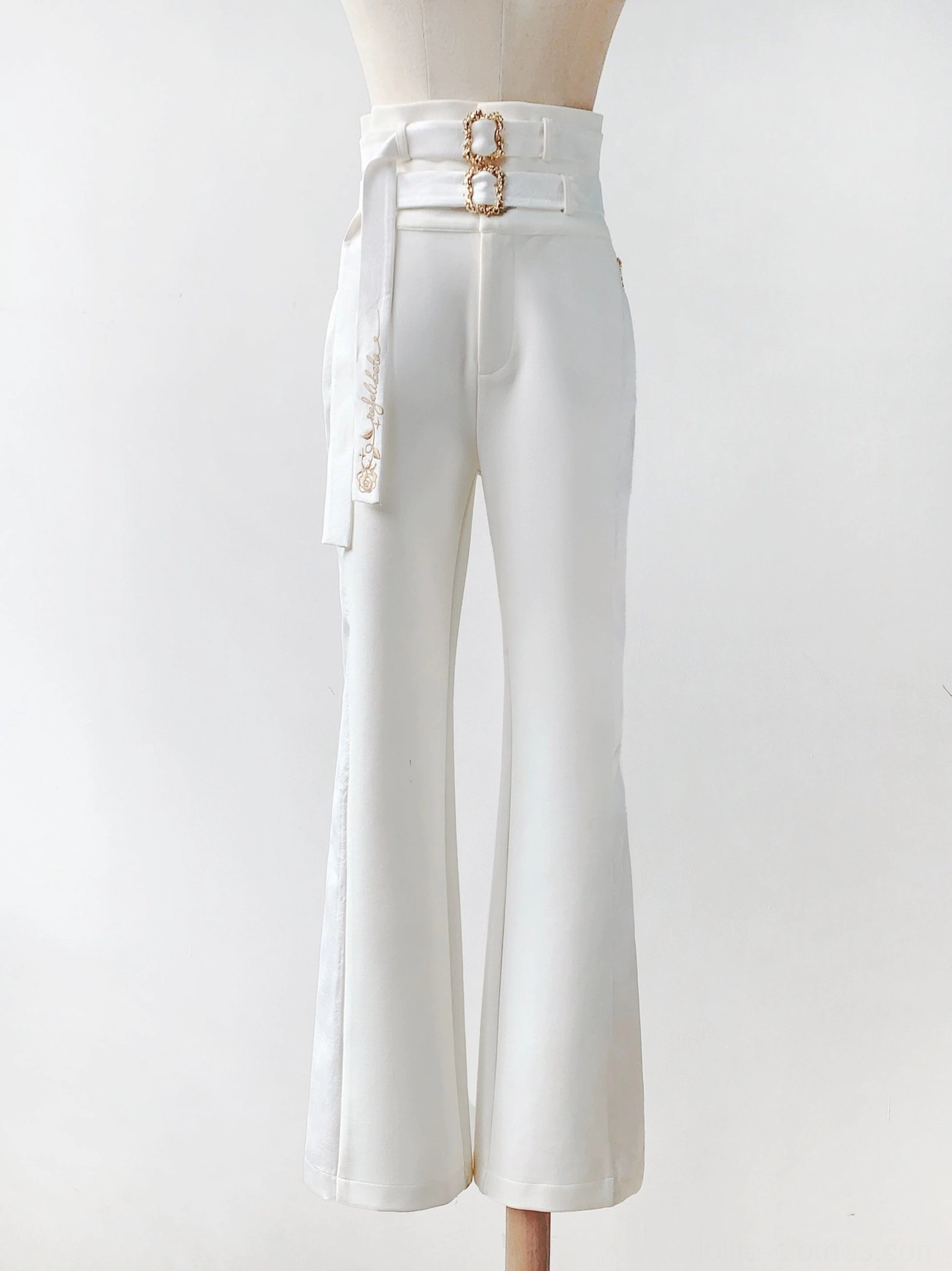 White ouji lolita formal pants flat display stretch roma knit embossed fabric side pockets dual belt system dress form