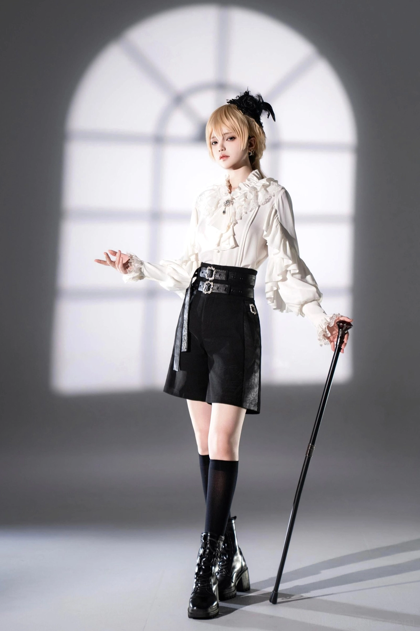 Ouji lolita blouse white satin back view ruffled collar detail long sleeves with lace cuffs button closure elegant back neckline