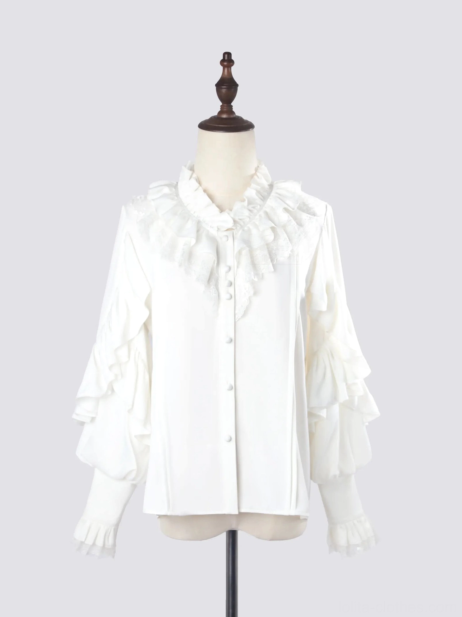 White ouji lolita satin blouse flat display form ruffled lace collar long layered ruffled sleeves button front closure slightly sheer elegant