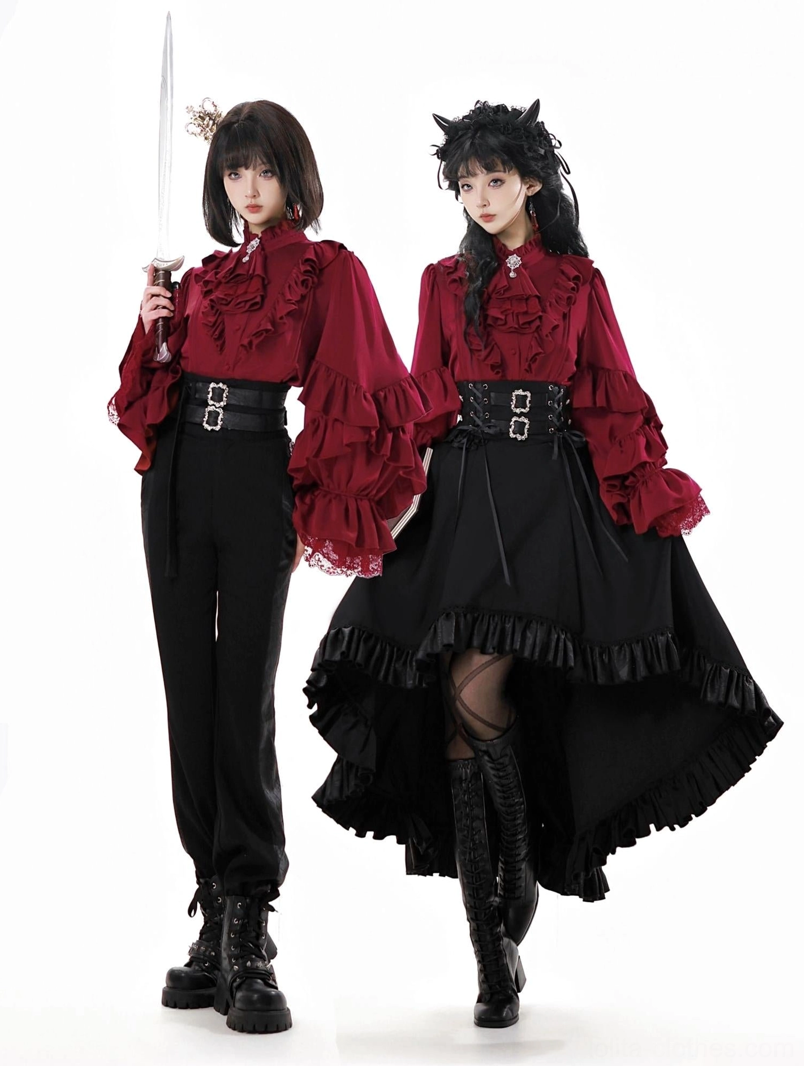 Ouji Lolita white shirt sleeve detail layered ruffled princess sleeve flared design soft satin fabric button placket close-up