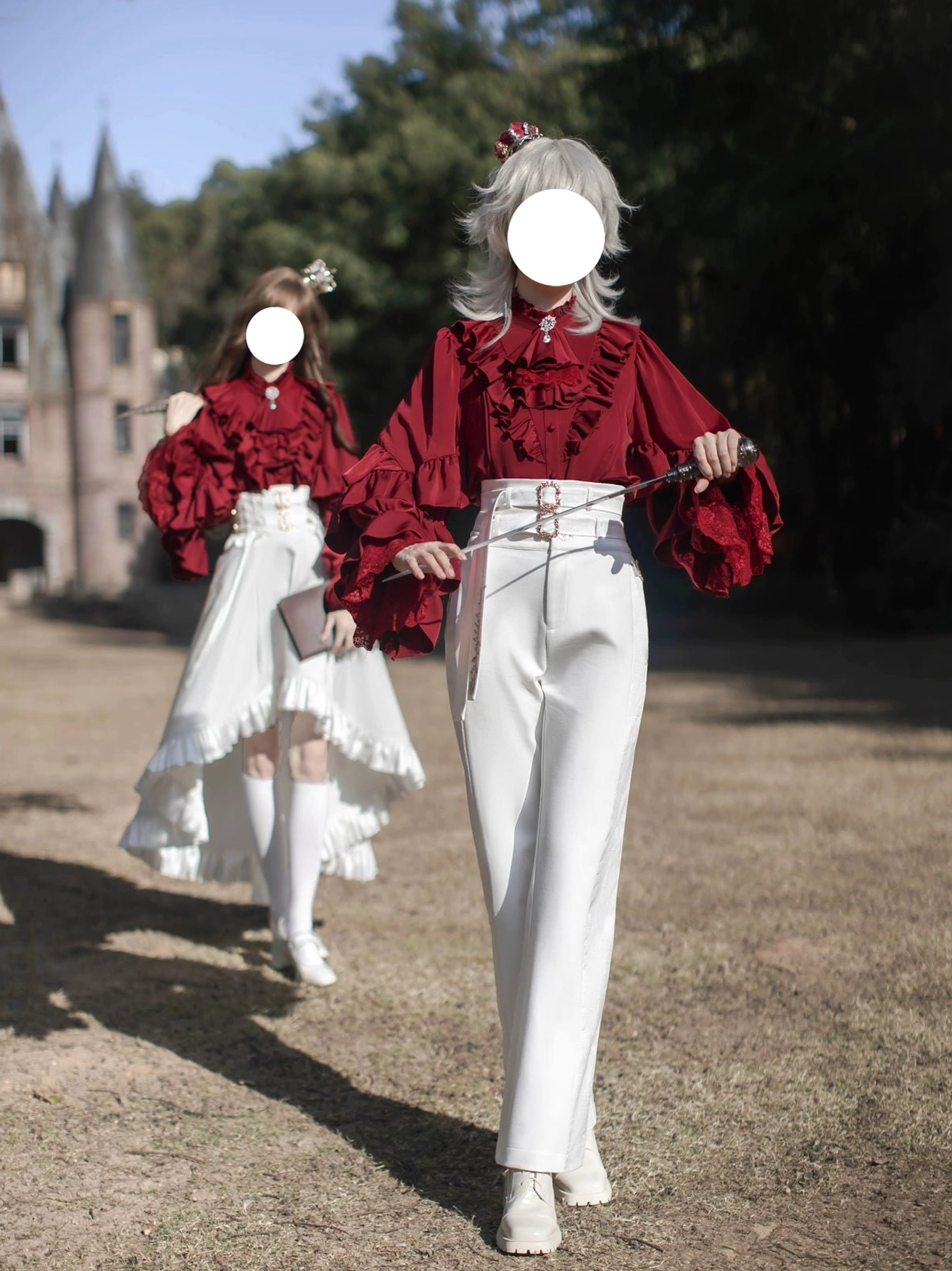 Ouji Lolita white shirt stand collar ruffled trim elegant neckline button front placket matte satin close-up detail
