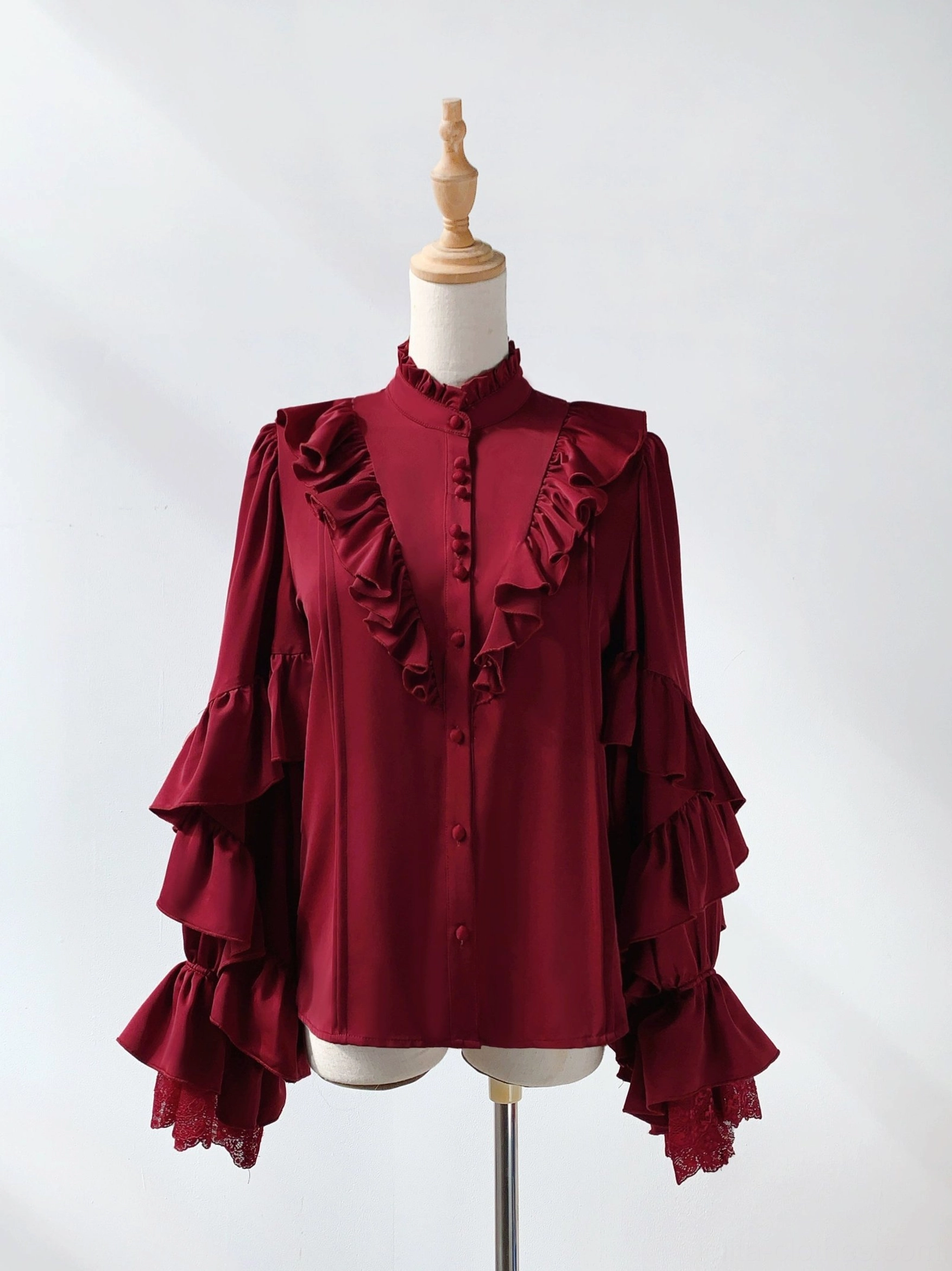 Wine red ruffled stand-collar blouse ouji lolita shirt front flat display dress form matte satin layered flared princess sleeves