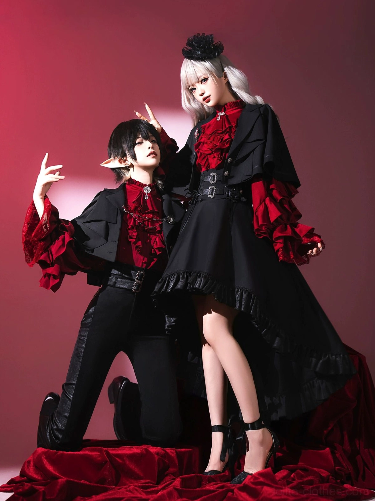 Ouji Lolita wine red shirt sleeve detail layered princess sleeve ruffles button placket matte satin fabric close-up