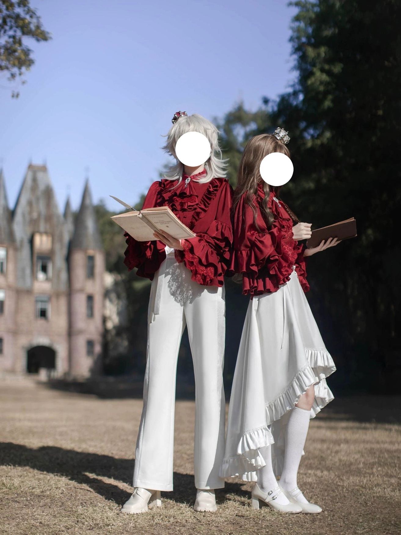 Ouji Lolita wine red shirt stand collar ruffled detail button placket elegant neckline close-up fashion detail