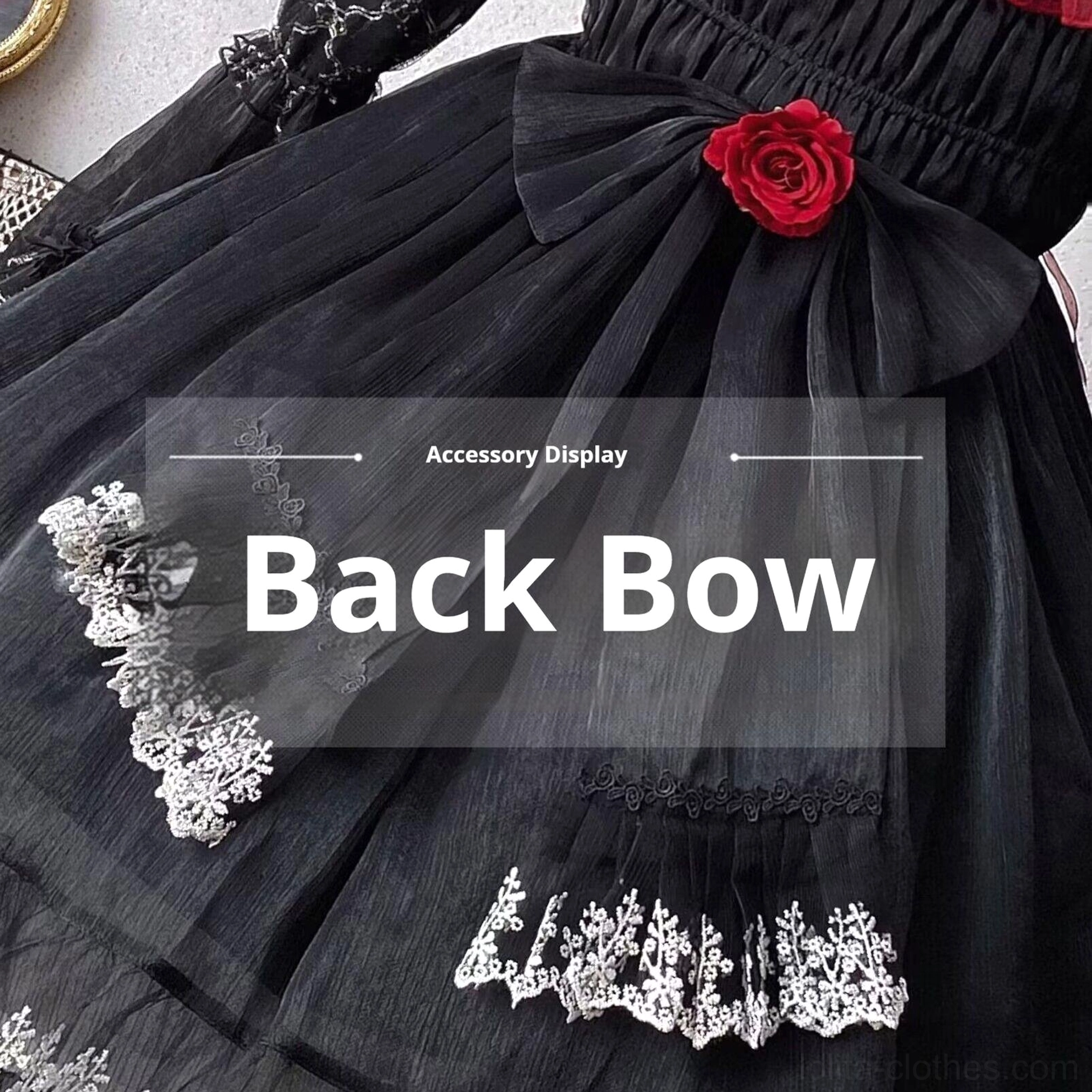 Night of Berea gothic lolita back bow accessory standalone detail showing ribbon structure, black and red color scheme, and fastening mechanism