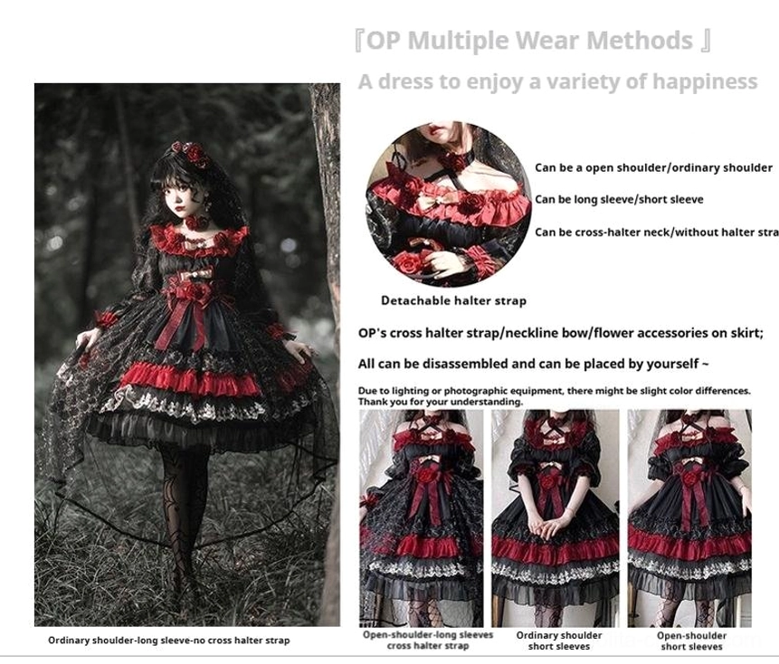 Night of Berea gothic lolita dress back bow accessory standalone product shot showing red and black color coordination and ribbon embellishment detail