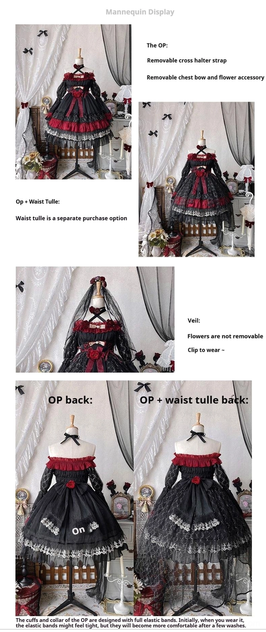 Black and red gothic lolita dress flower choker accessory standalone view showing delicate rose design and neckline enhancement for coordinate styling