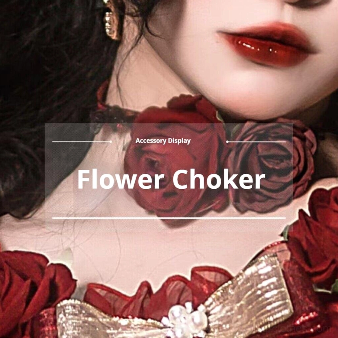 Black and red gothic lolita flower choker accessory standalone product view showing delicate rose craftsmanship and neckline draping for complete coordination