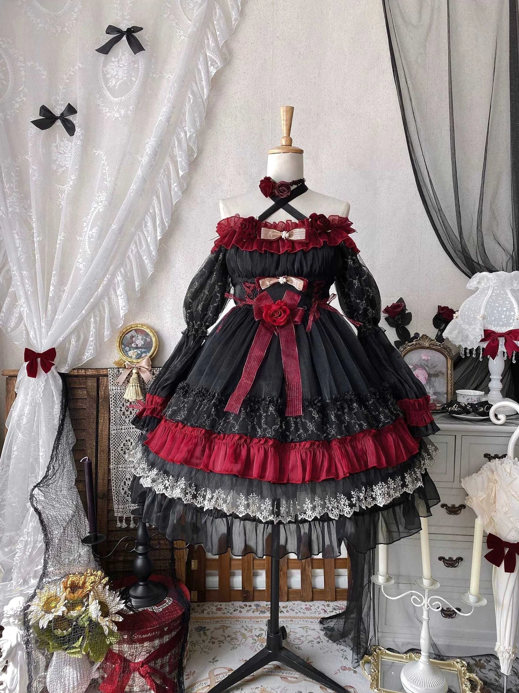 Night of Berea gothic lolita dress head veil accessory standalone detail showing black and red design with ethereal styling for complete lolita coordination