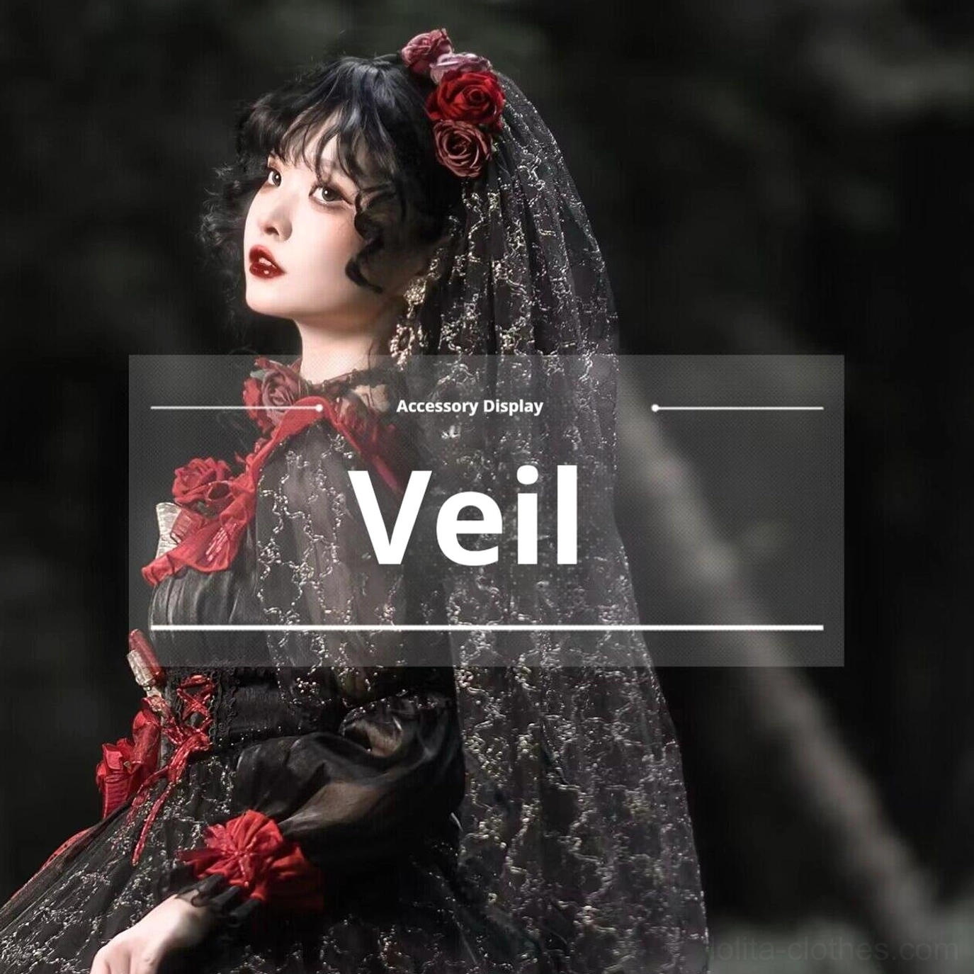 Night of Berea gothic lolita head veil standalone accessory product photography showing black and red rose embellishment and matching design detail