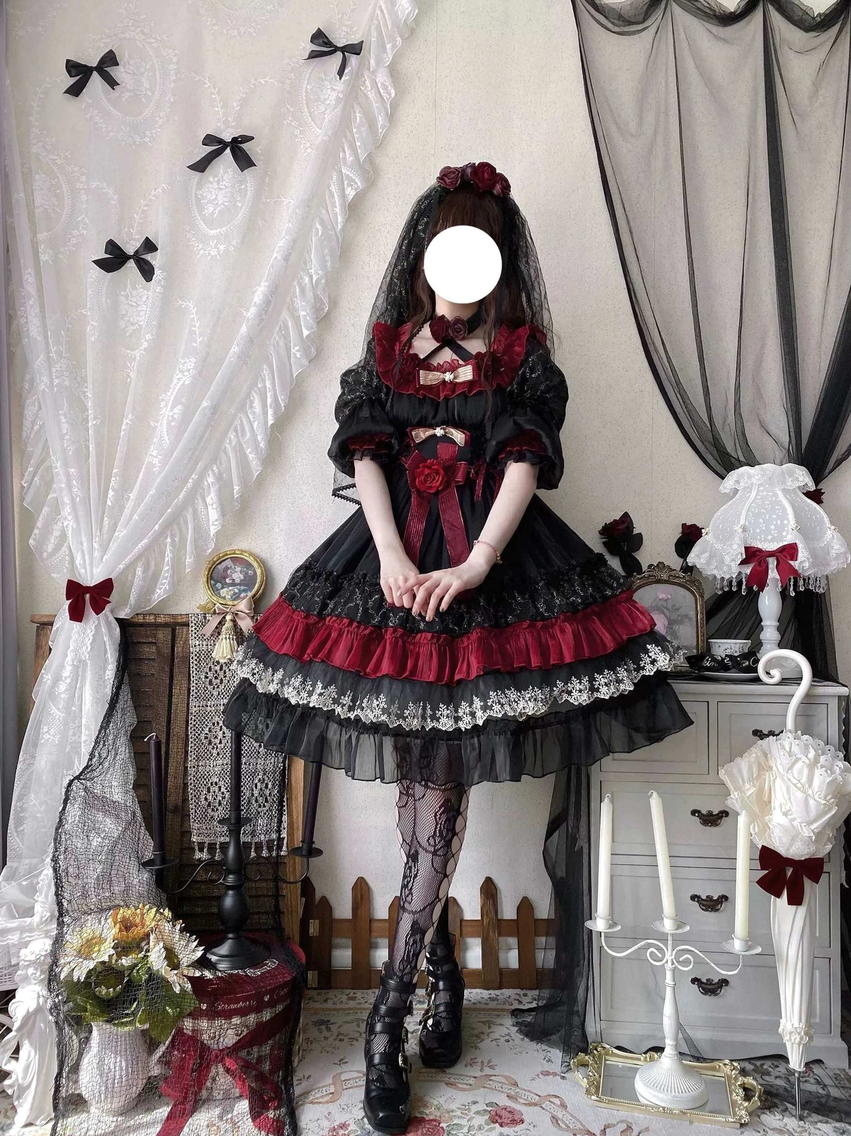 Gothic lolita OP dress detachable halter strap system showing versatile styling options for long sleeves, short sleeves, off-shoulder, and regular neckline configurations