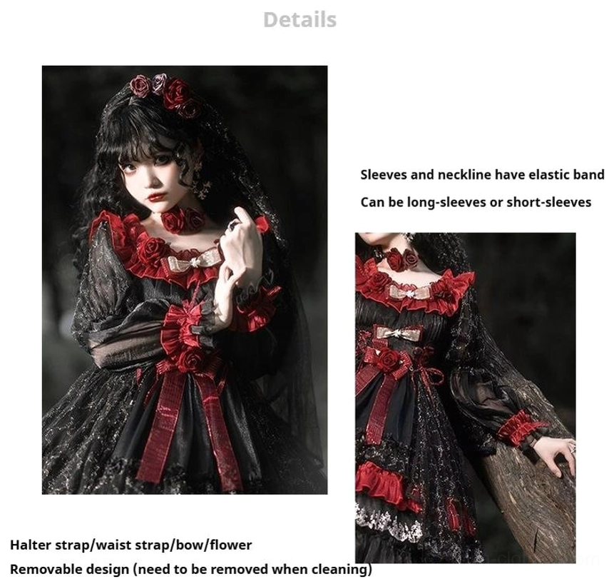 Gothic lolita OP dress fabric and material close-up highlighting tulle, lace, polyester lining composition and delicate construction quality for lolita wear