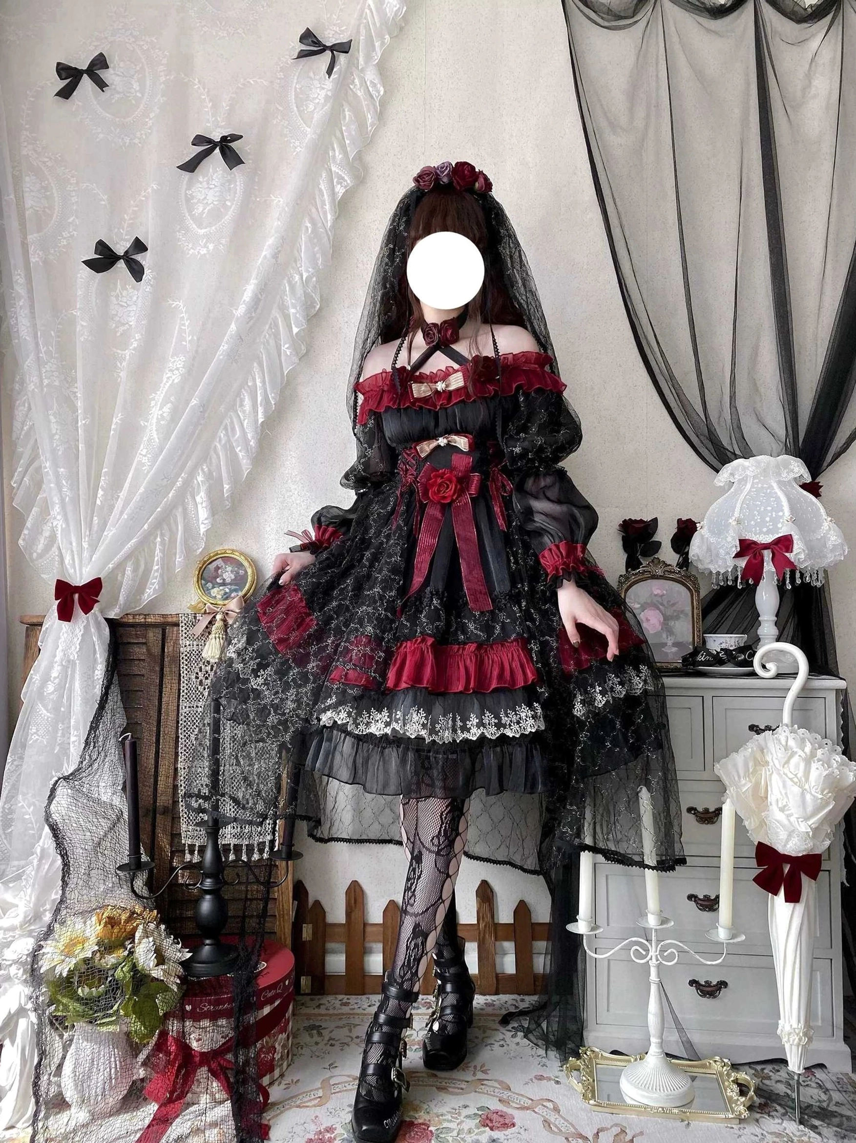 Night of Berea gothic lolita OP dress neckline and shoulder construction detail showing elastic cuffs, lace trim, and structured design for comfortable fit across body types