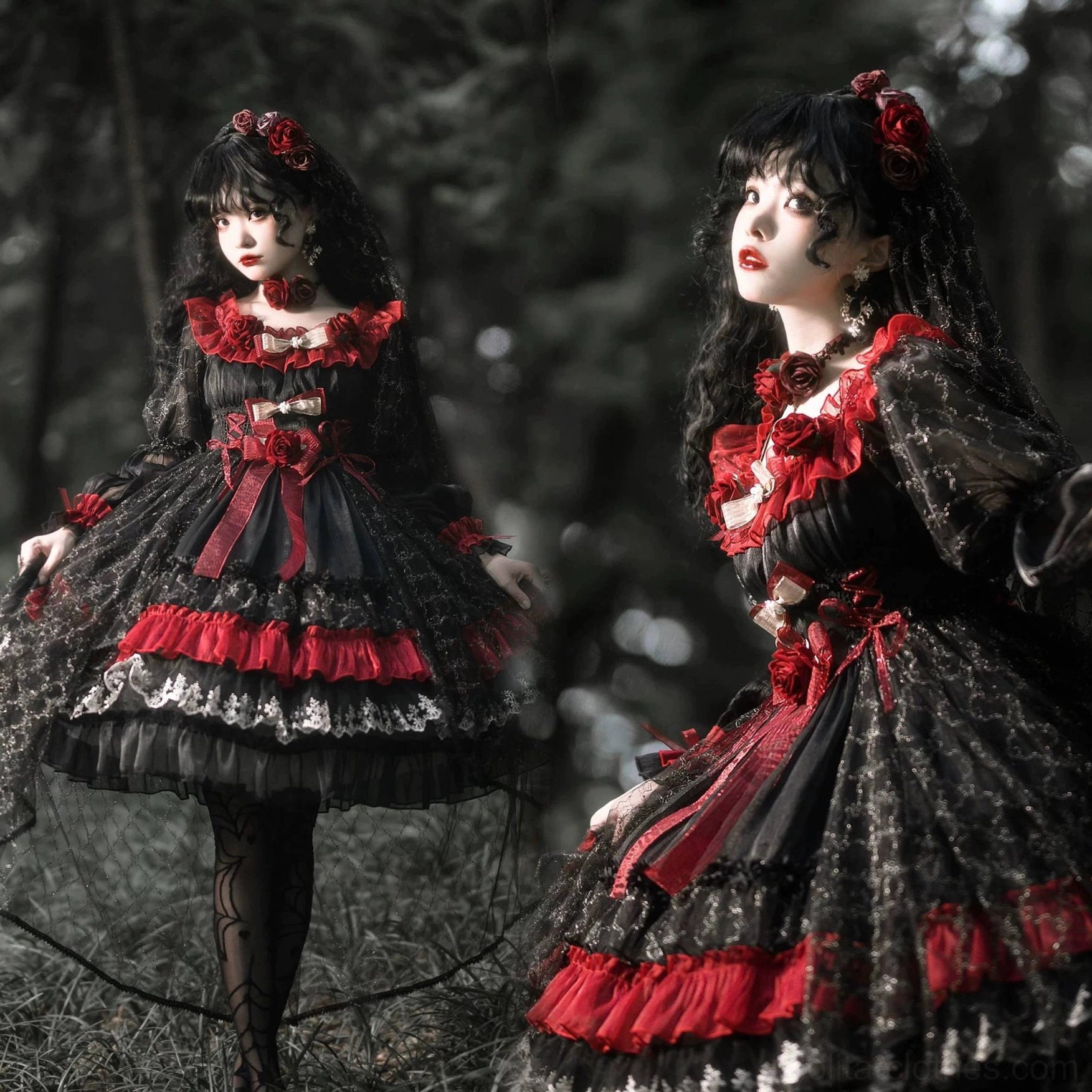 Black and red gothic lolita OP dress duo side view worn by models in dark forest background, displaying dress silhouette with patterned black stockings and layered skirt