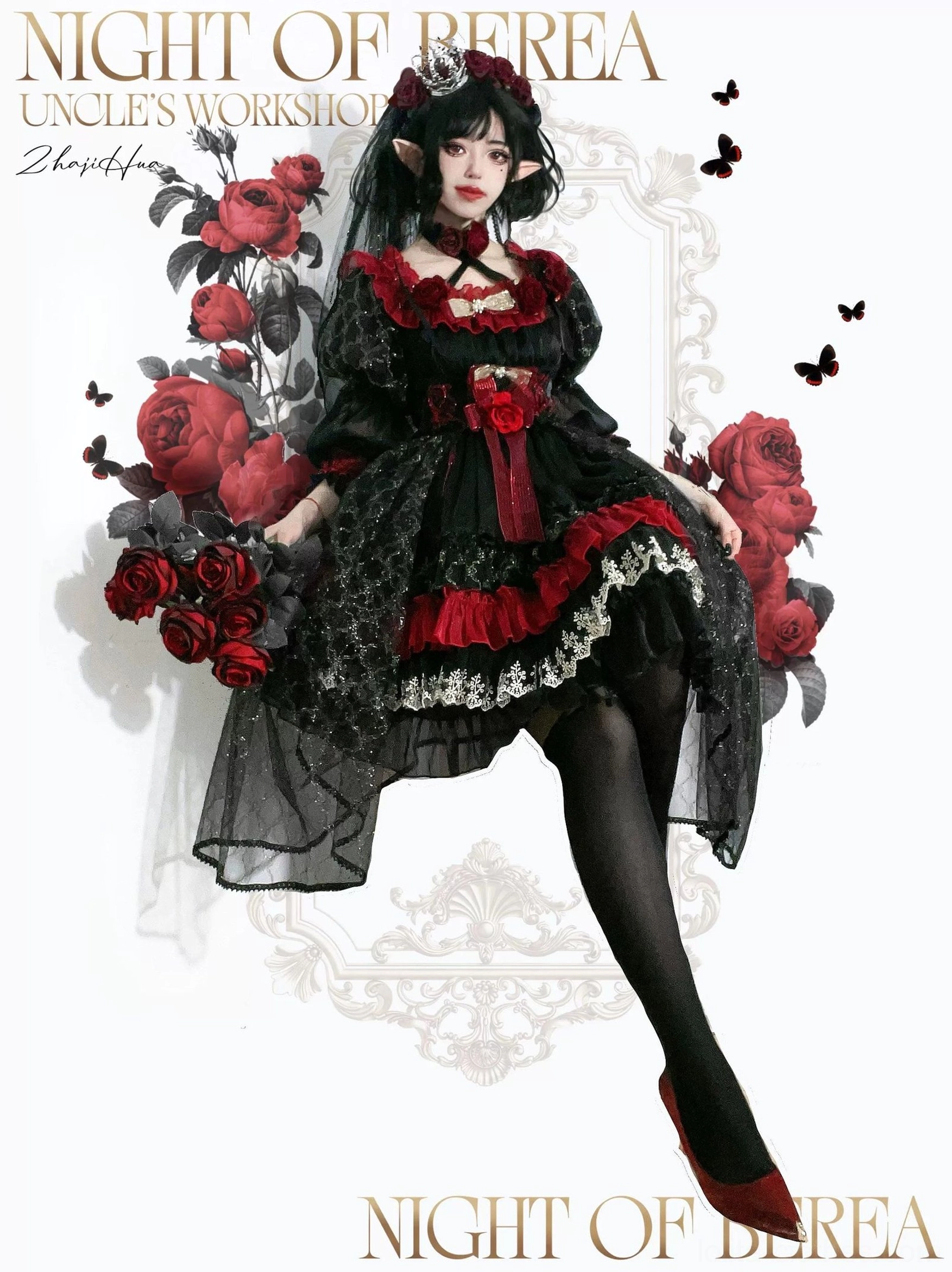 Night of Berea gothic lolita promotional artwork full-body seated shot with elf ear styling, red high heels, black sheer stockings, and brand decorative elements