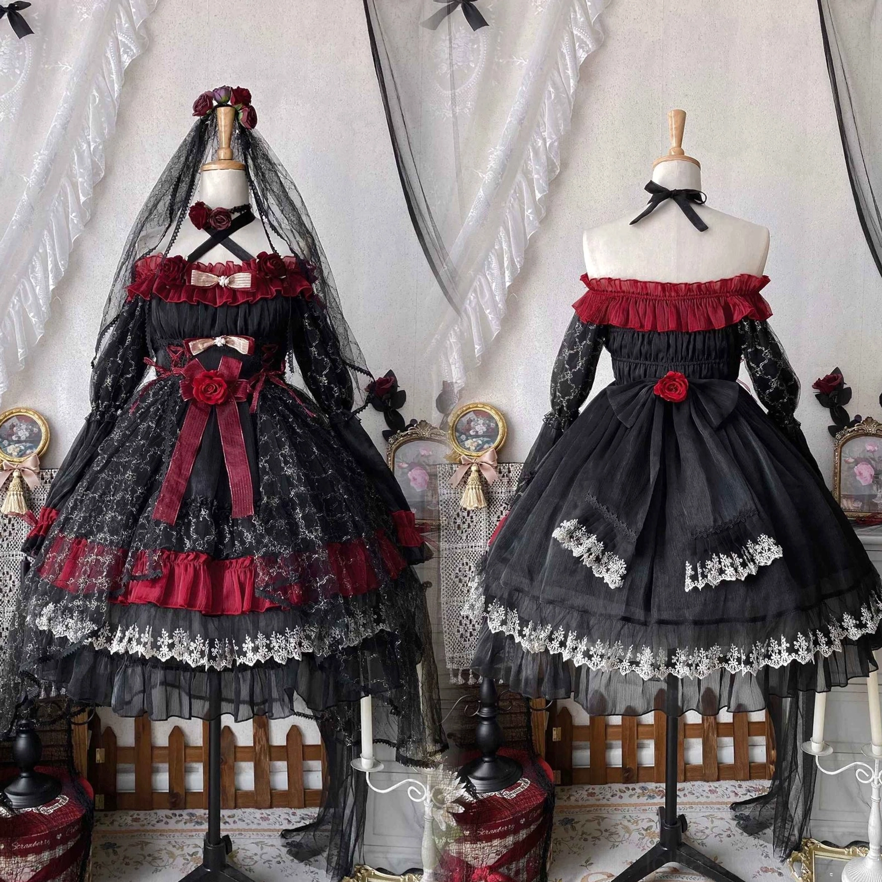 Gothic lolita OP dress waist tulle accessory standalone product shot featuring black tulle volume enhancement and black-red color scheme coordination
