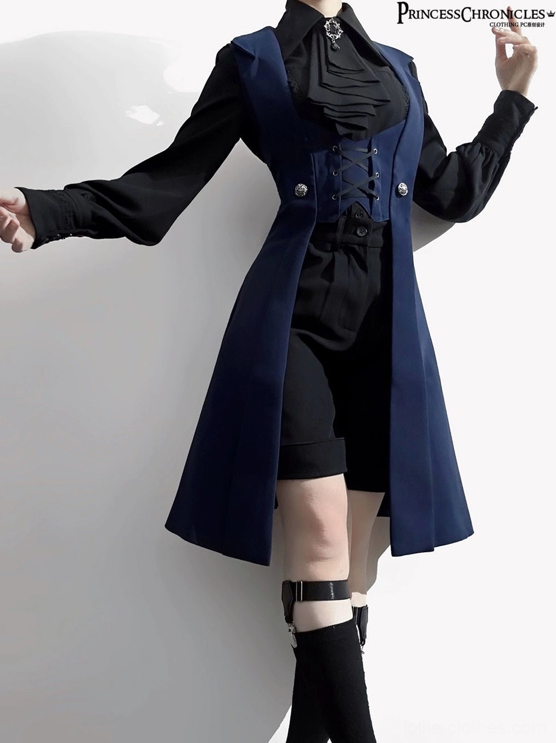 Night Prelude Gothic Ouji Lolita blue slim vest side three-quarter silhouette showing fitted profile, structured corset waistline, bishop sleeves, and high-waisted black shorts on faceless female model