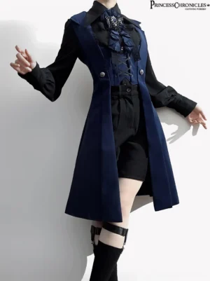 Night Prelude Gothic Ouji Lolita long slim vest front three-quarter full body view with navy blue and black two-tone design, silver decorative buttons, lace-up corset front, and matching thigh harness accessories on male model