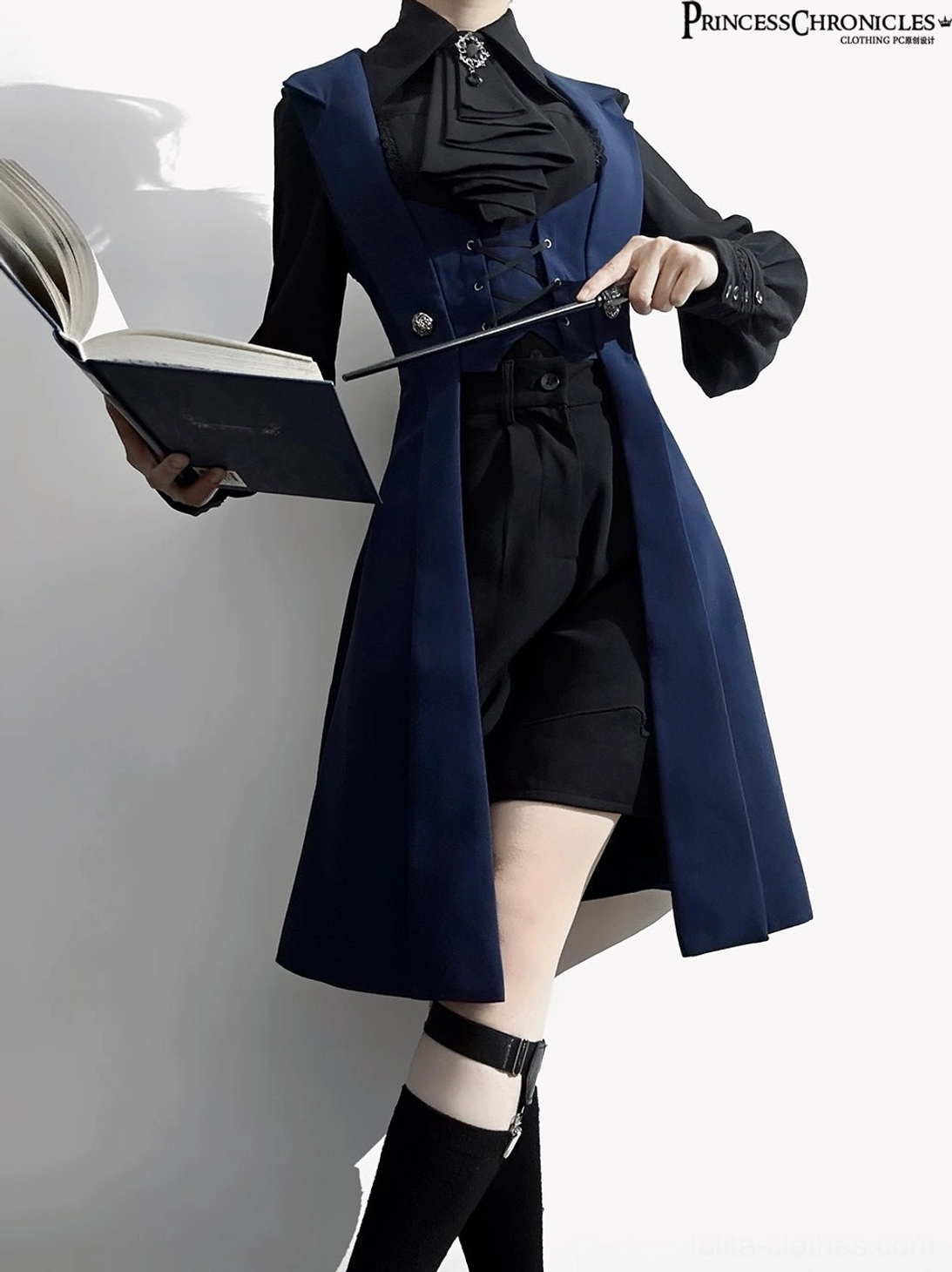 Night Prelude Gothic Ouji Lolita blue and black long slim vest flat lay product photography showing structured silhouette, drawstring details, silver buttons, collar construction, and premium fabric quality