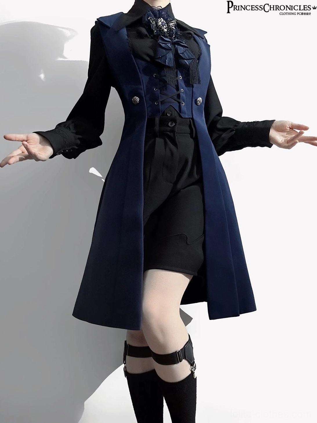 Night Prelude Gothic Ouji Lolita blue slim vest front three-quarter open hand pose displaying classic gothic two-tone design, silver metal vest buttons, thigh harness accessories, and complete coordinate