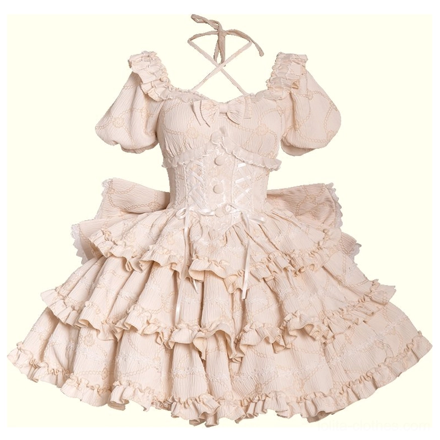 Night sky sweet lolita OP dress back view perspective large bow detachable feature lace-up closure ruffled hem