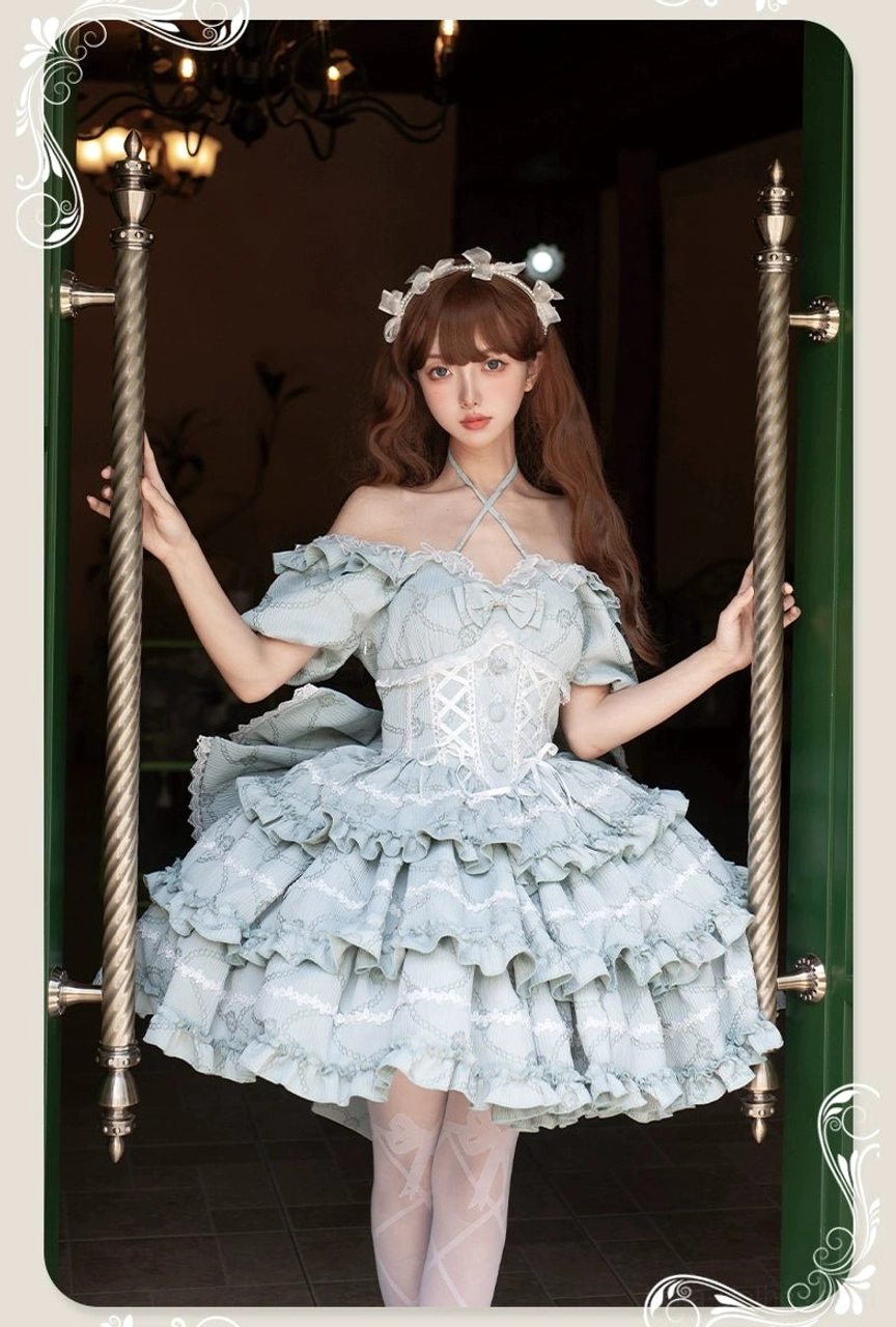 Night sky sweet lolita OP princess dress with large detachable back bow front angle view detail photography
