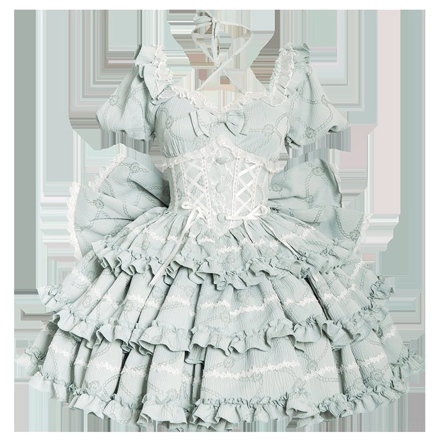 Night sky navy sweet lolita one-piece dress full view model wearing size corseted silhouette jacquard fabric
