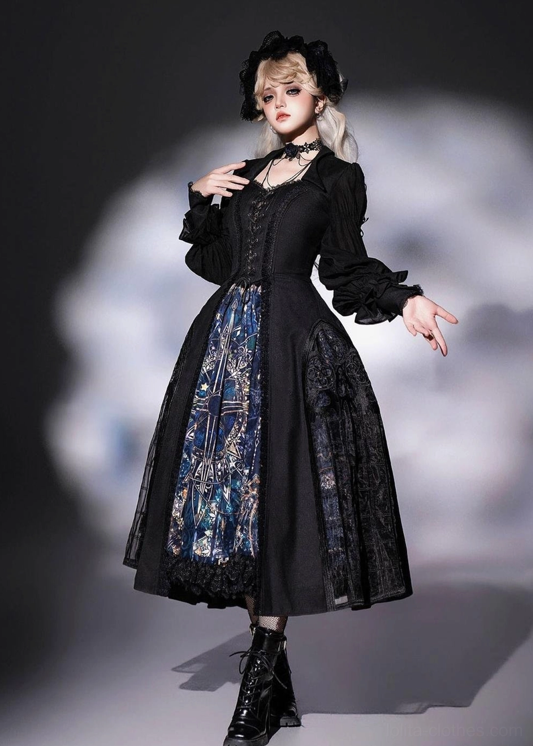 Night traveler gothic lolita embroidered coat bat collar puffy sleeves tulle window design architectural detail close-up showcase