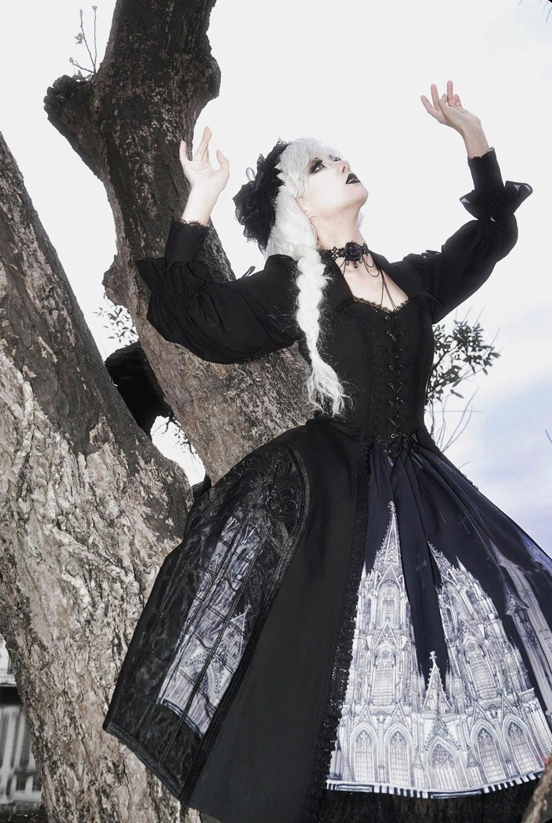 Night traveler gothic lolita outfit complete ensemble coat shirt skirt bustier layered silhouette front full view