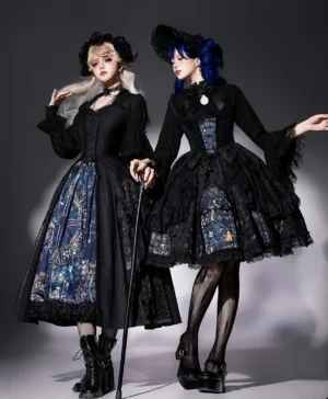 Night Traveler gothic lolita full-body coordinate set featuring black embroidered coat with bat collar and tulle hem details, church stained glass print skirt with lace trim, paired with princess-sleeved shirt, front side view two models