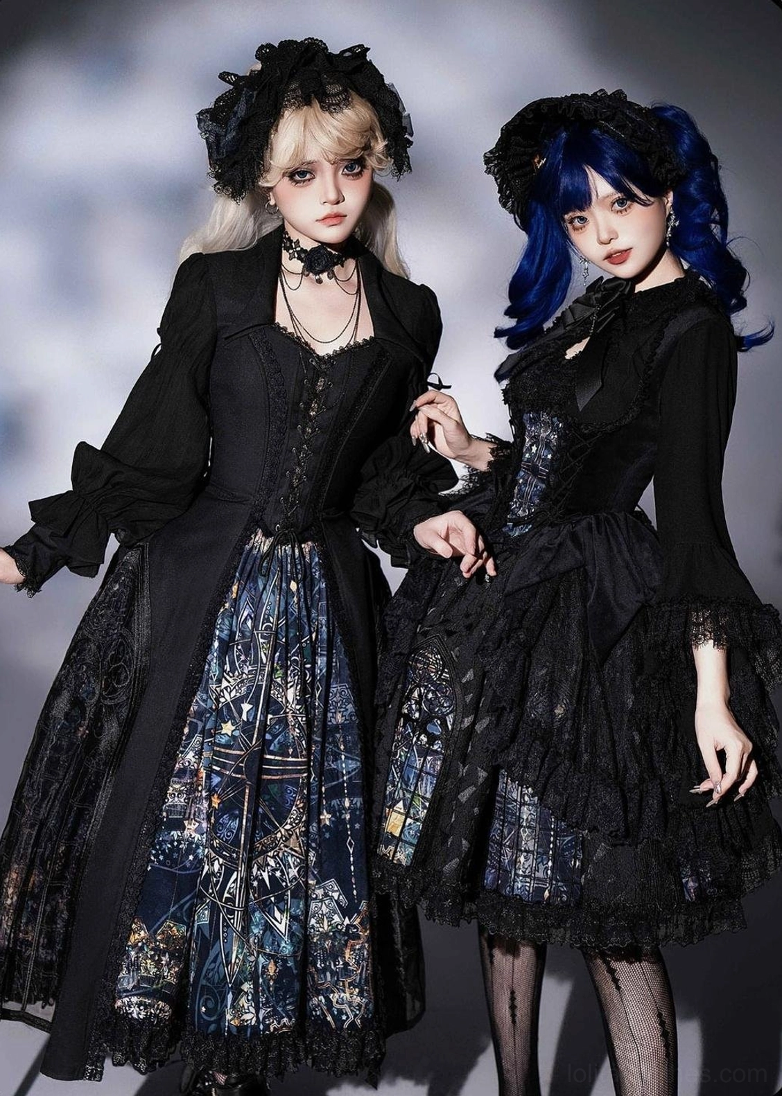 Night Traveler gothic lolita full outfit set with black embroidered coat cathedral stained glass skirt two models front three-quarter view dark studio backdrop
