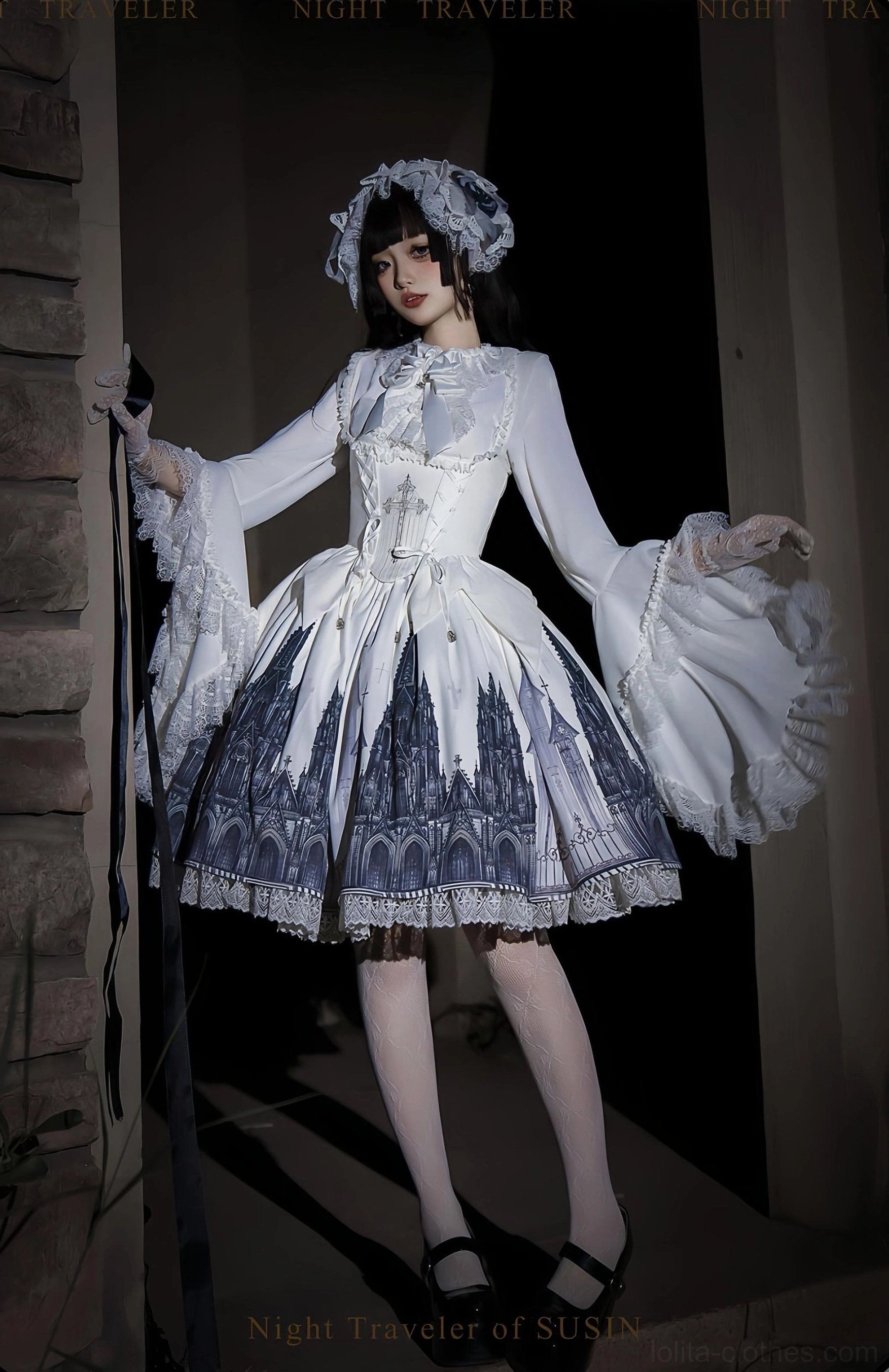 Night traveler gothic lolita outfit long coat detailed embroidery bat collar architectural window print showcase side profile