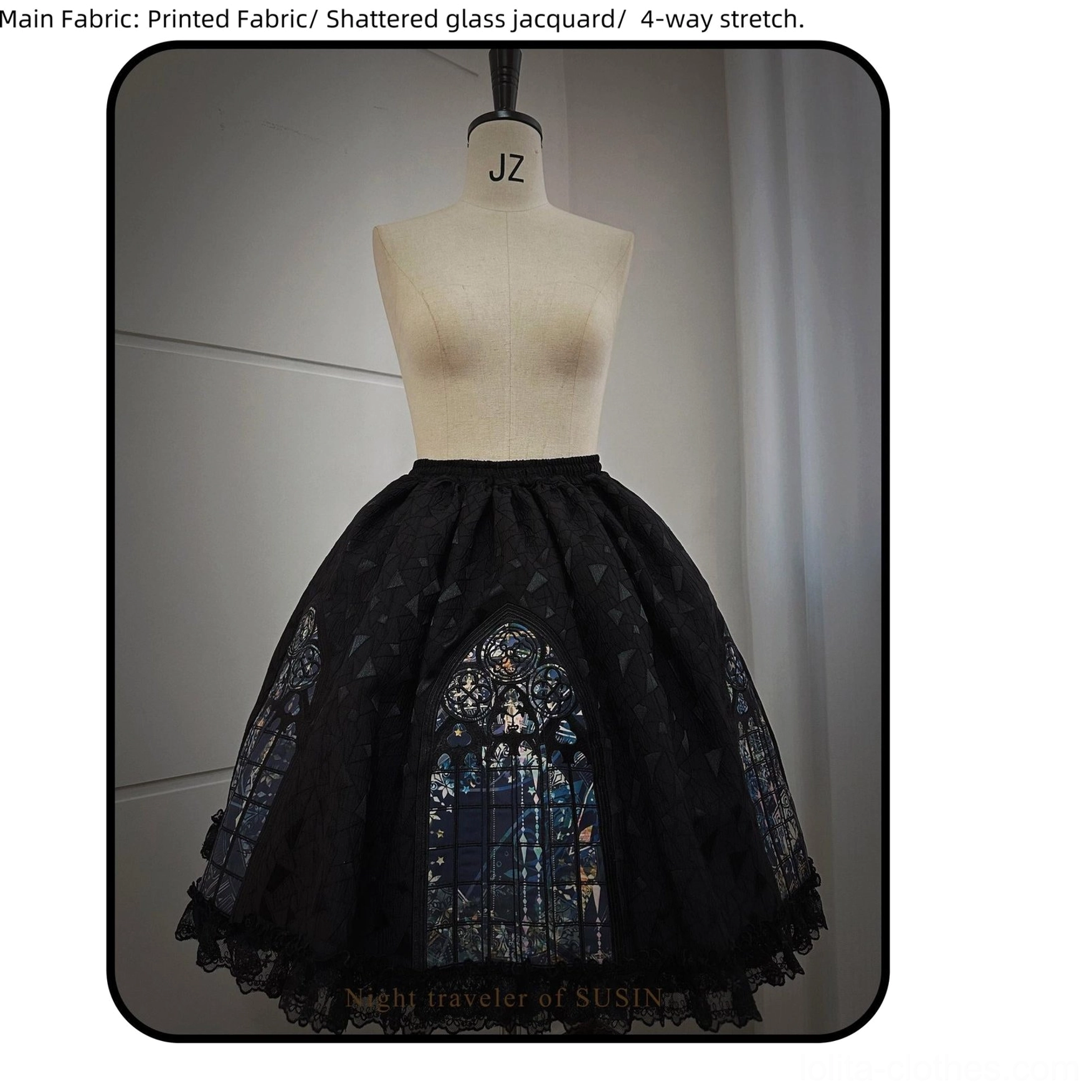 Night traveler gothic lolita outfit adjustable coat closure embroidery architectural window detail showcase