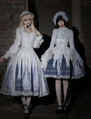 White variant night traveler gothic lolita dress set blue cathedral print skirt ruffled long sleeves corset bodice two models indoor stone wall setting