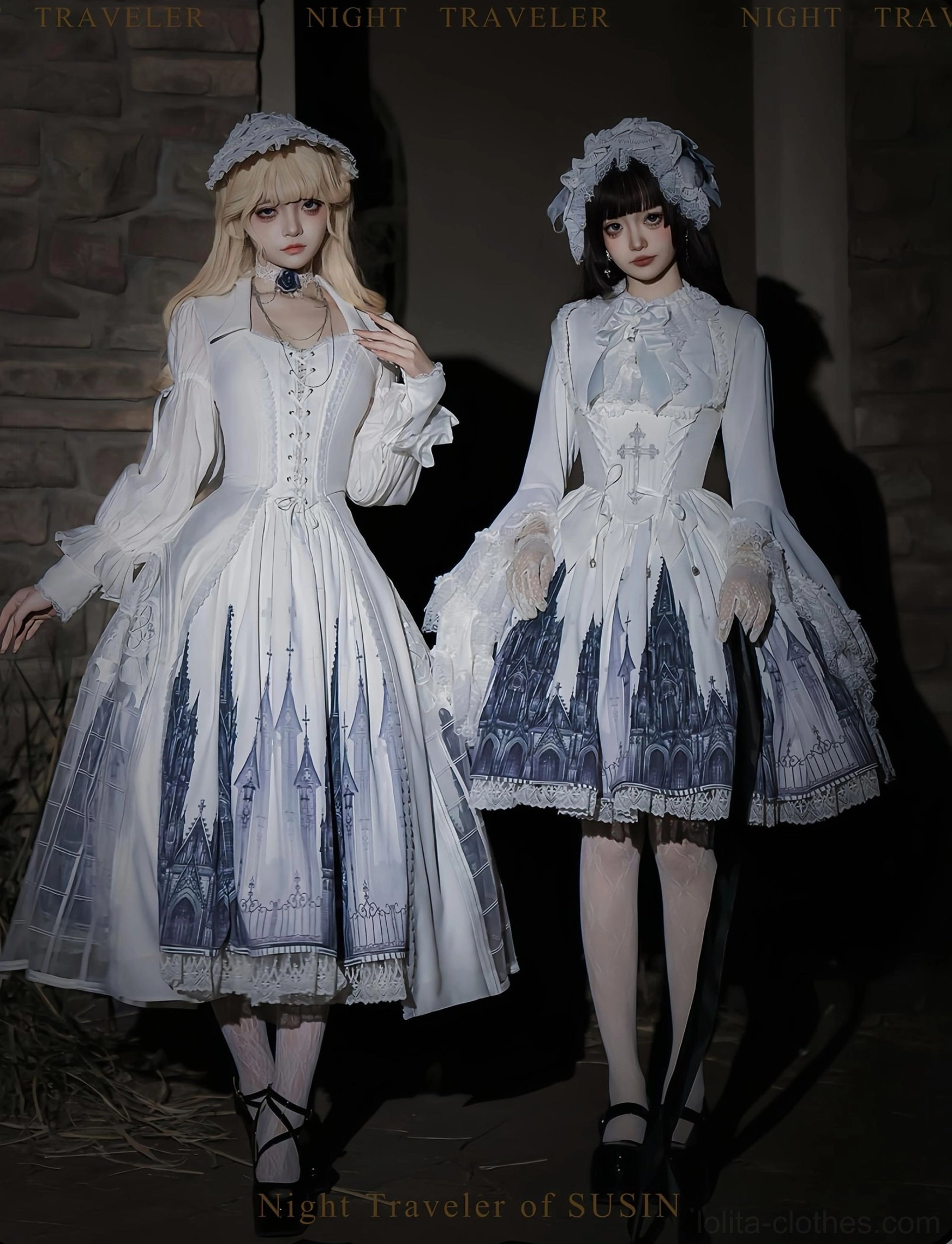 White variant night traveler gothic lolita dress set blue cathedral print skirt ruffled long sleeves corset bodice two models indoor stone wall setting