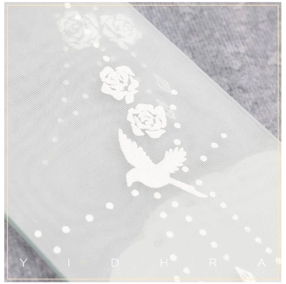 Sheer white rose floral bird and dot print fabric sample of Nightingale Rose Lolita socks on white mesh sheer fabric material closeup