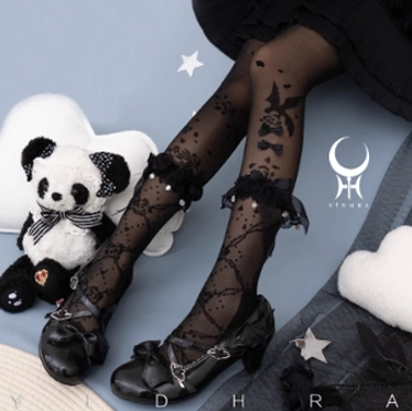 Full-length modeling shot of elegant lolita stereo flower thin tights with bird and rose prints, demonstrating proper fit and drape with coordinated sweet lolita dress and Mary Jane shoe styling