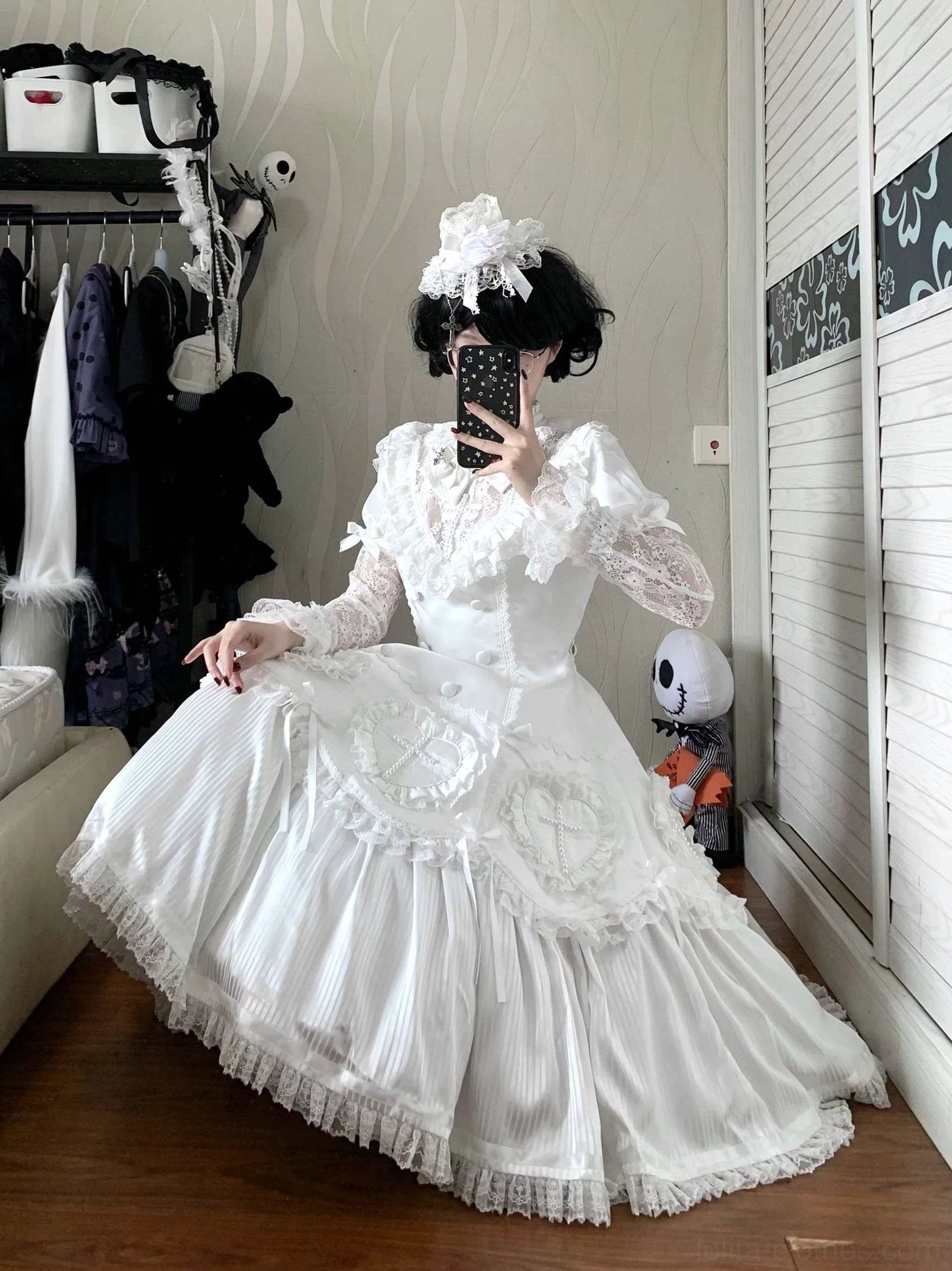 Nocthymn Cross Gothic Lolita OP dress detail shot showing pearled cross embellishments hand-sewn heart-shaped lace accents satin fabric texture