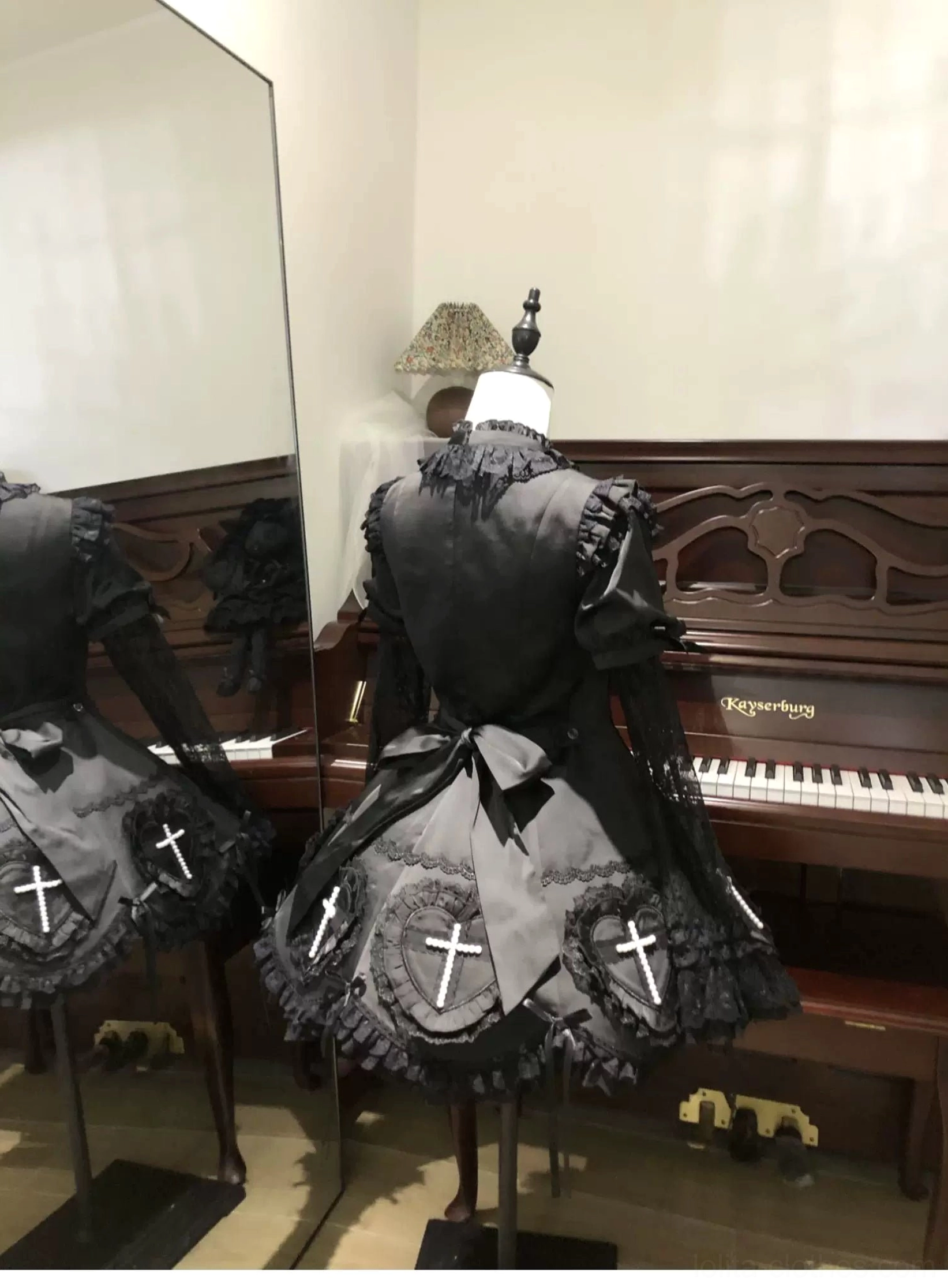 Nocthymn Cross Gothic Lolita dress six-panel construction fit demonstration showing structured silhouette waistline shaping elegant proportions