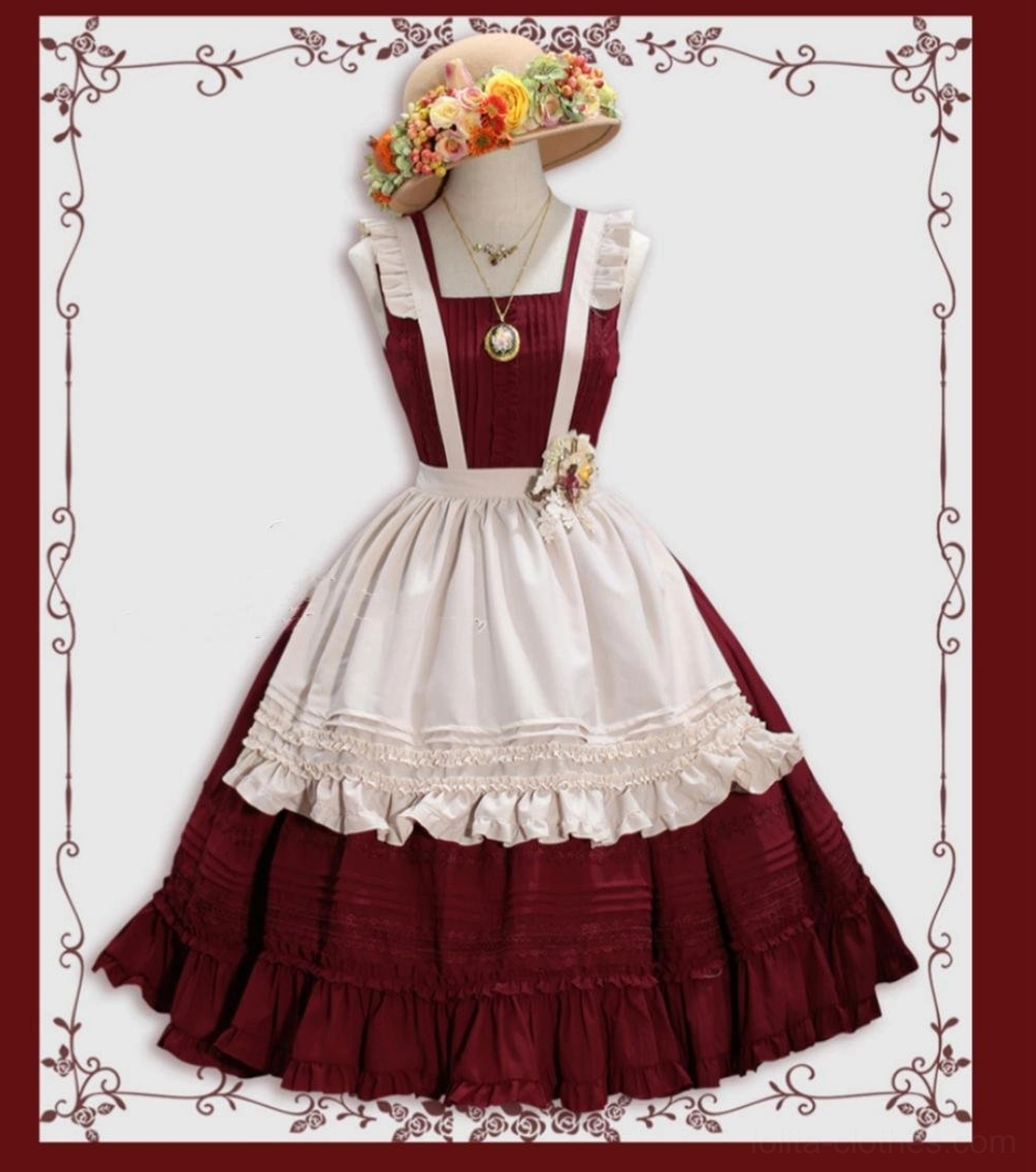 Black Lolita apron overlay with detachable shoulder straps showing versatile coordinate styling options