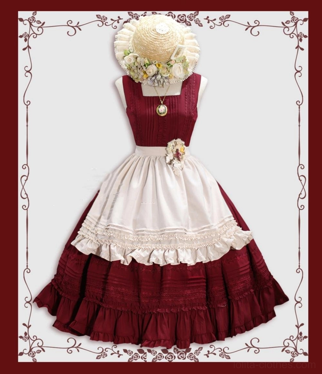 Black Lolita apron overlay for Nocturne Reminiscence JSK dress front view with ruffled trim and shoulder straps
